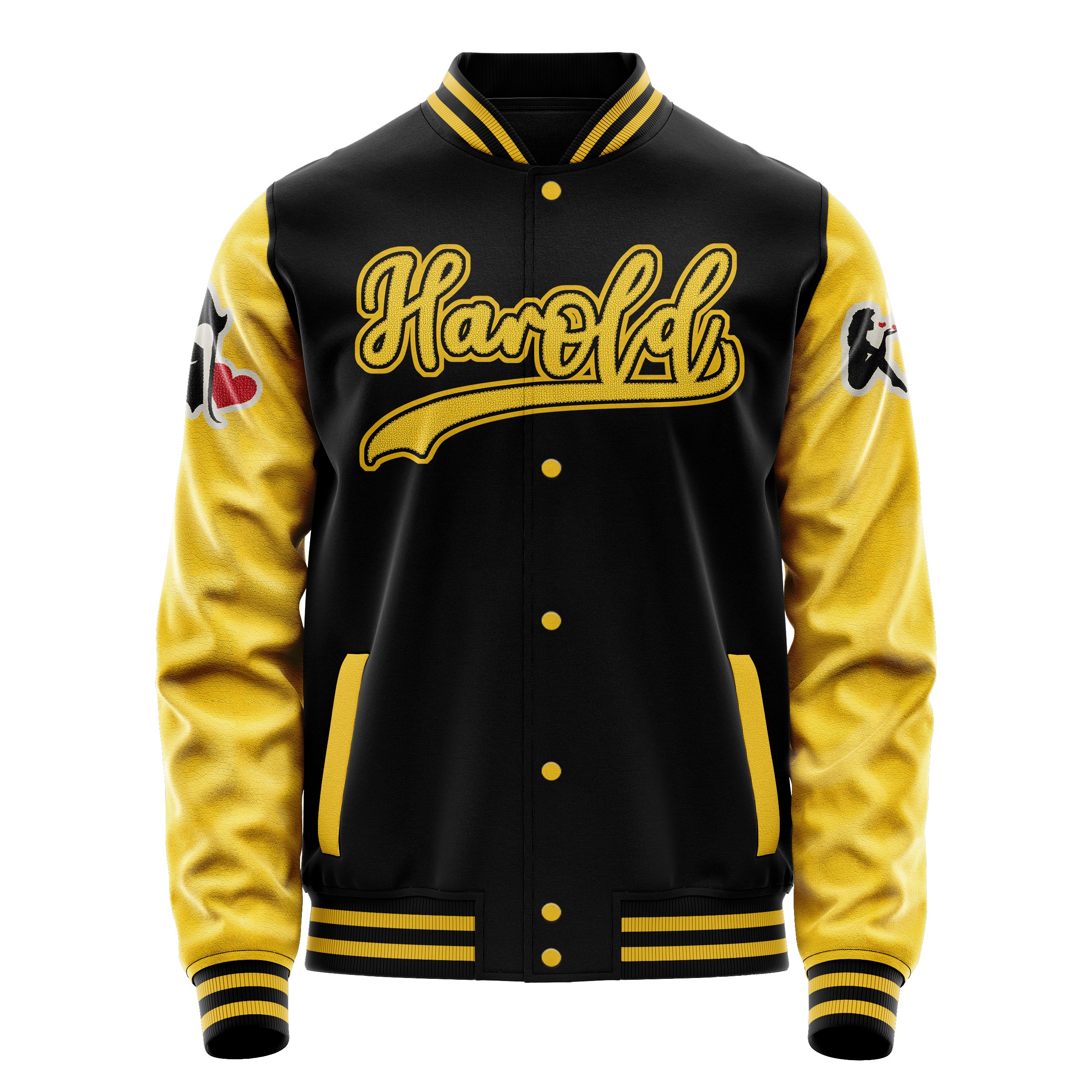 Custom Black Varsity Jacket Patches Egg Yellow Leather Sleeves - Girl's love