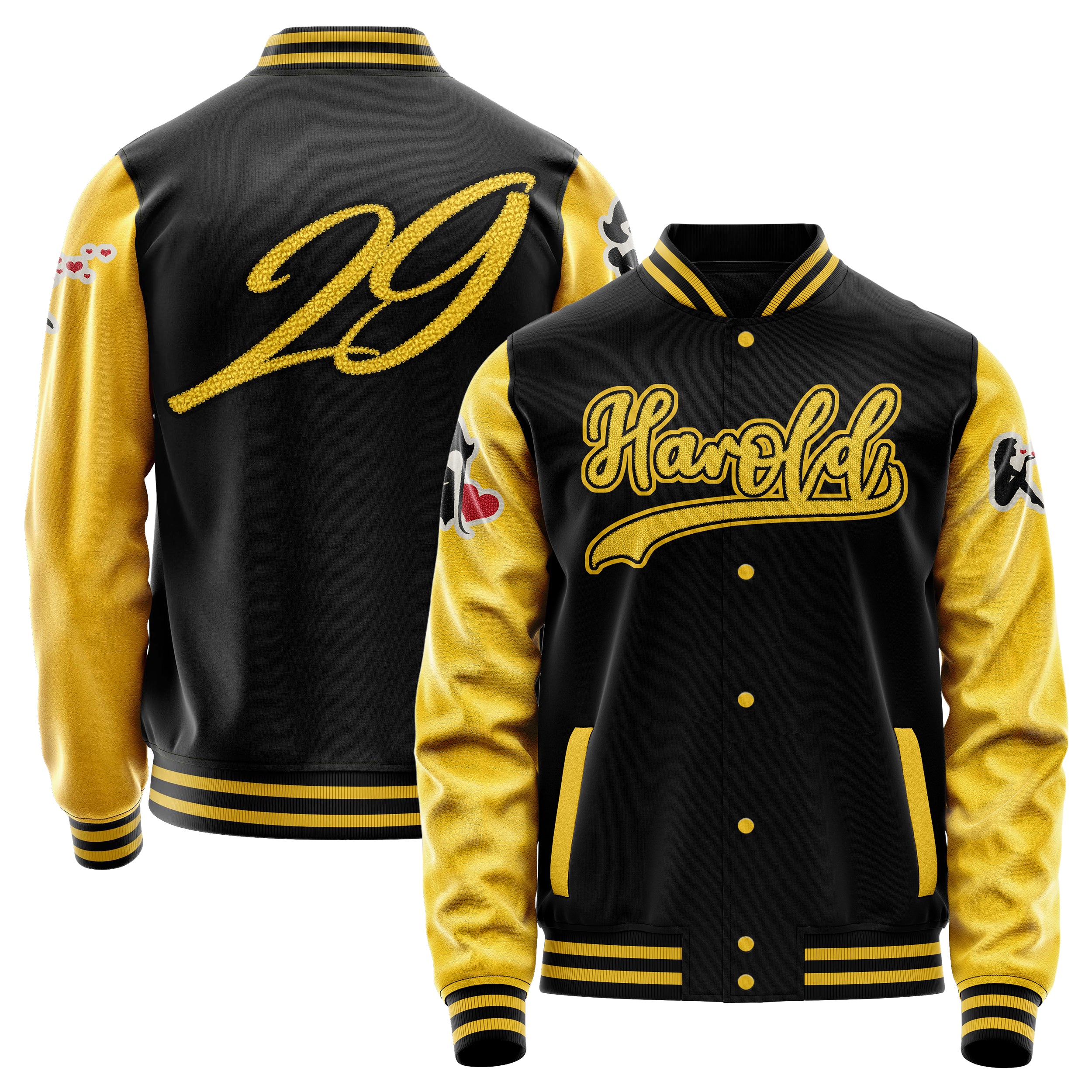 Custom Black Varsity Jacket Patches Egg Yellow Leather Sleeves - Girl's love