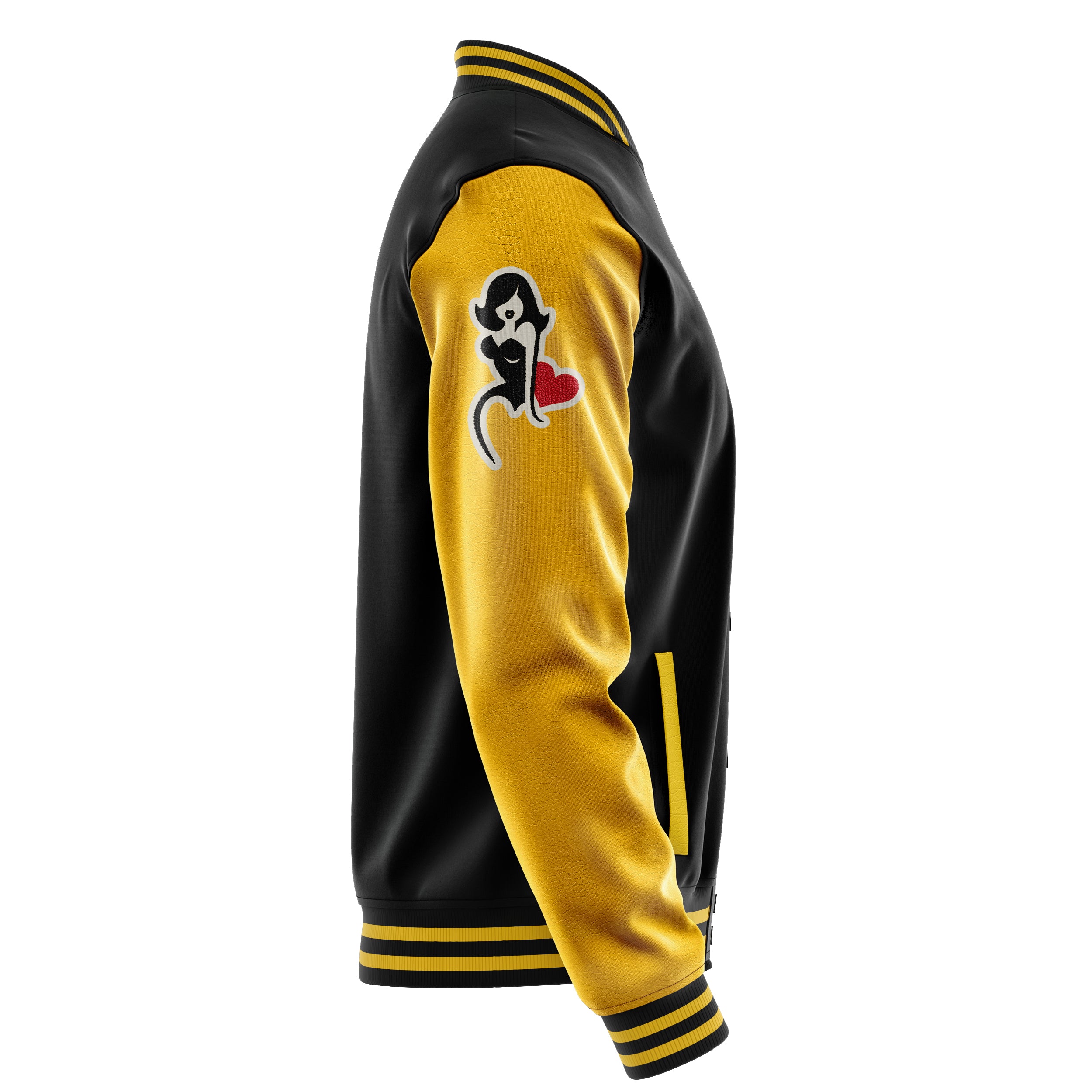 Custom Black Varsity Jacket Patches Egg Yellow Leather Sleeves - Girl's love