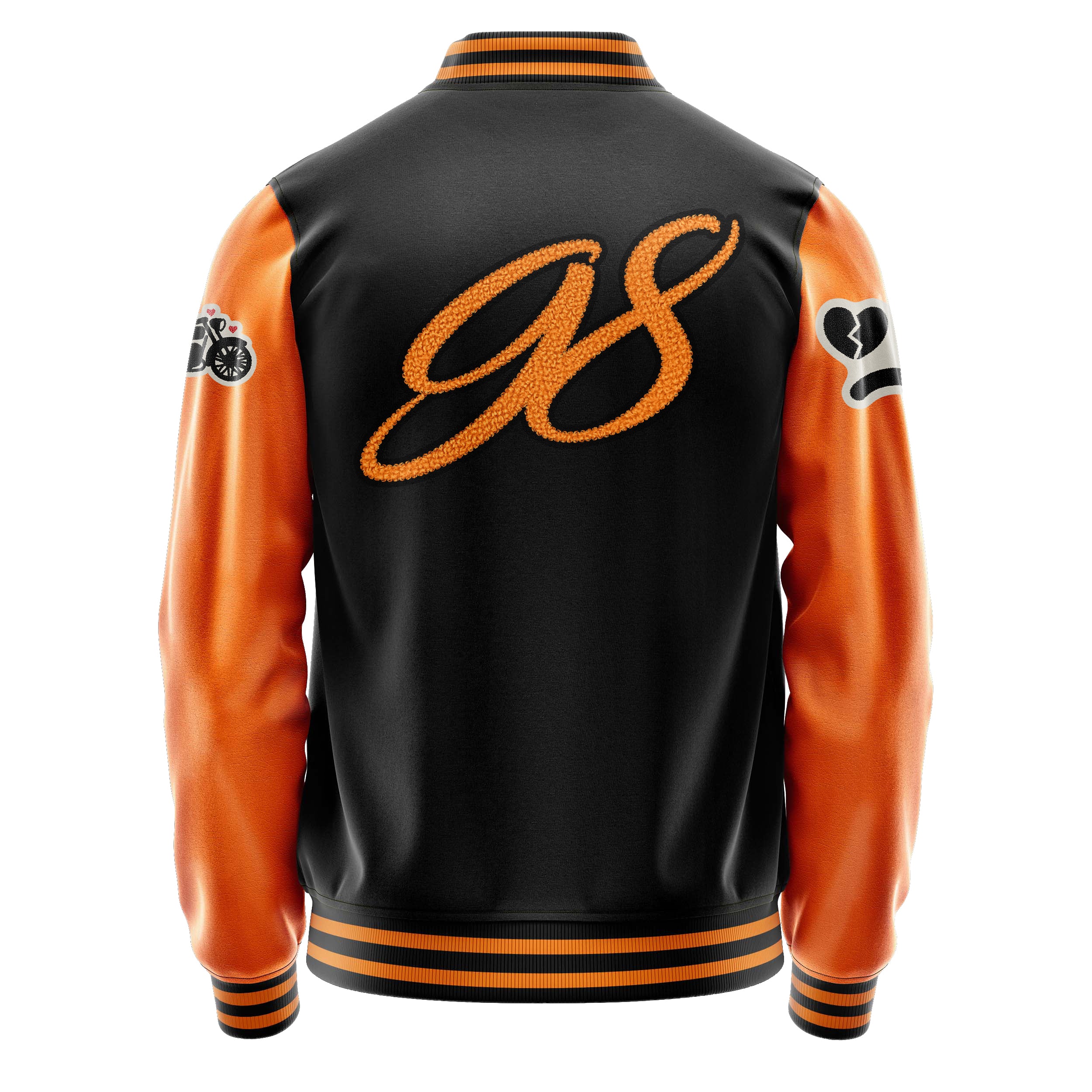 Custom Black Varsity Jacket Patches Orange Leather Sleeves - Not happy