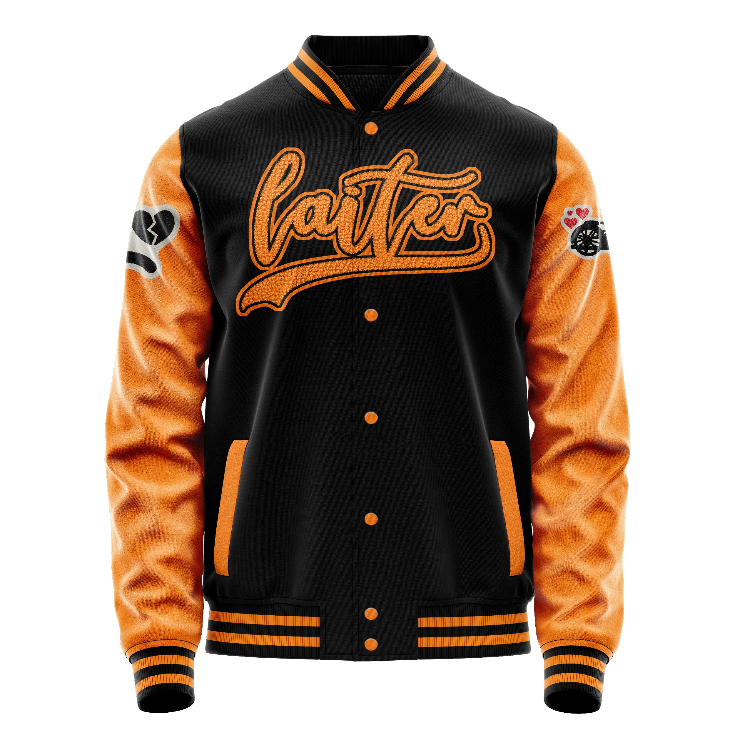 Custom Black Varsity Jacket Patches Orange Leather Sleeves - Not happy