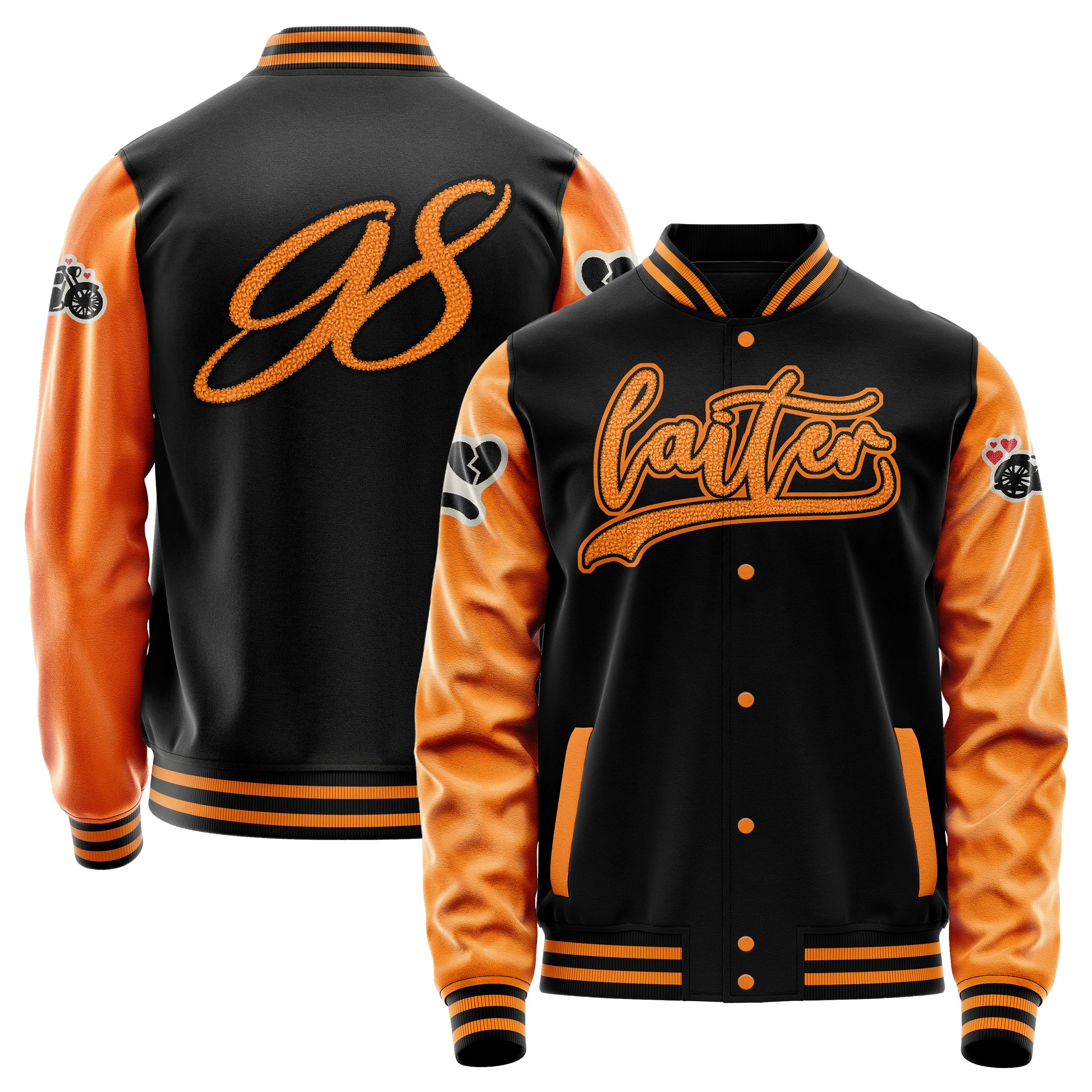 Custom Black Varsity Jacket Patches Orange Leather Sleeves - Not happy