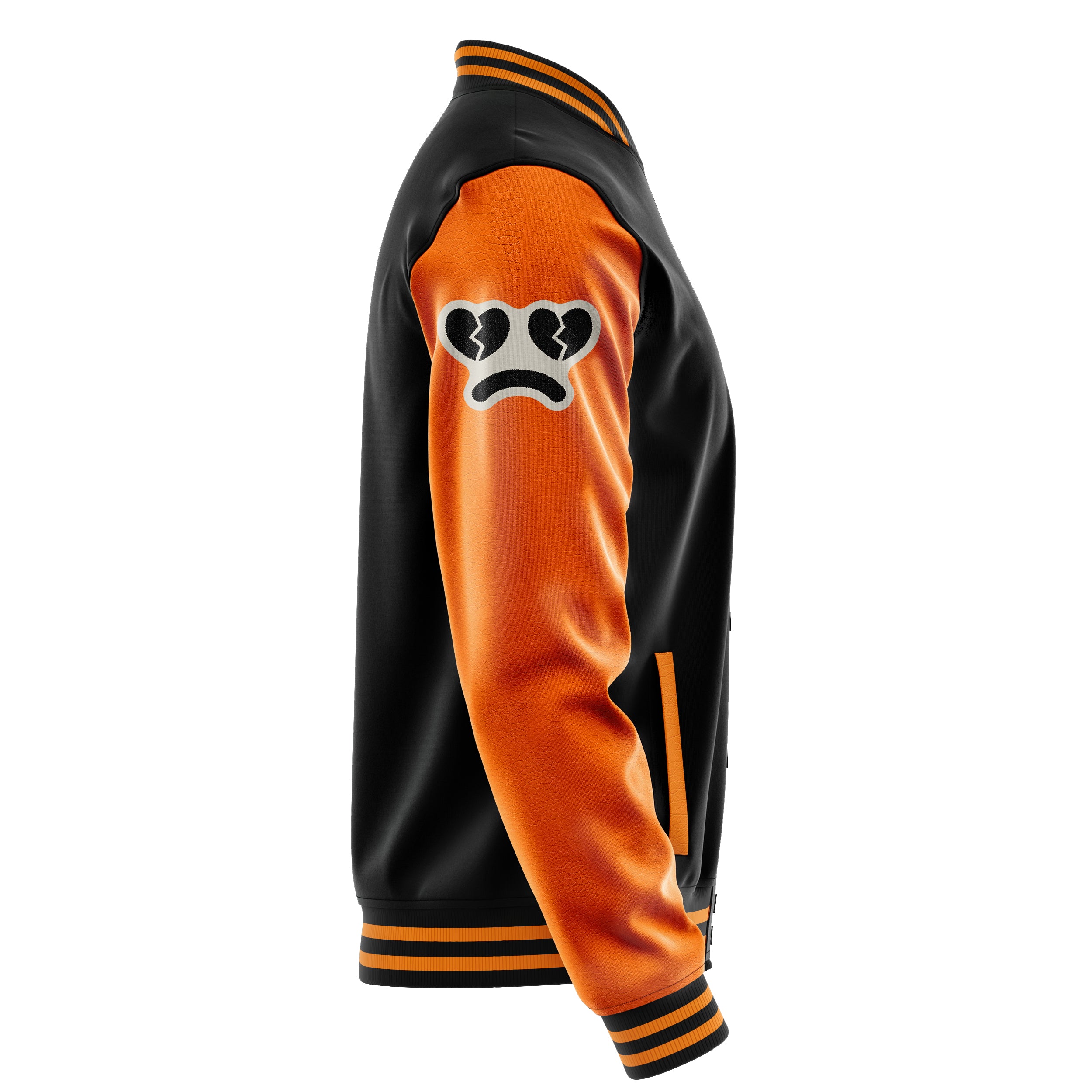 Custom Black Varsity Jacket Patches Orange Leather Sleeves - Not happy