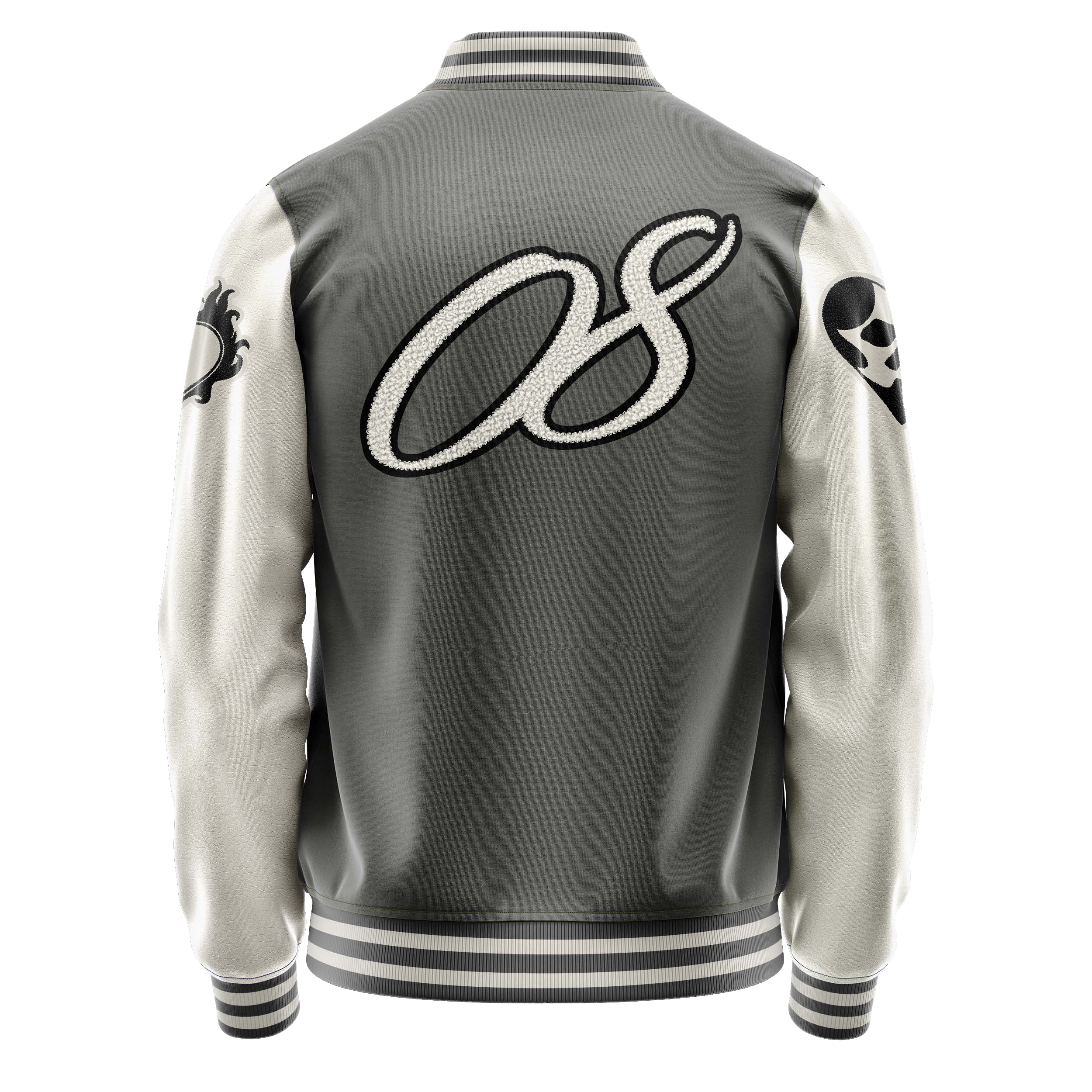 Custom Gray Varsity Jacket Patches Beige Leather Sleeves - Heart Fire