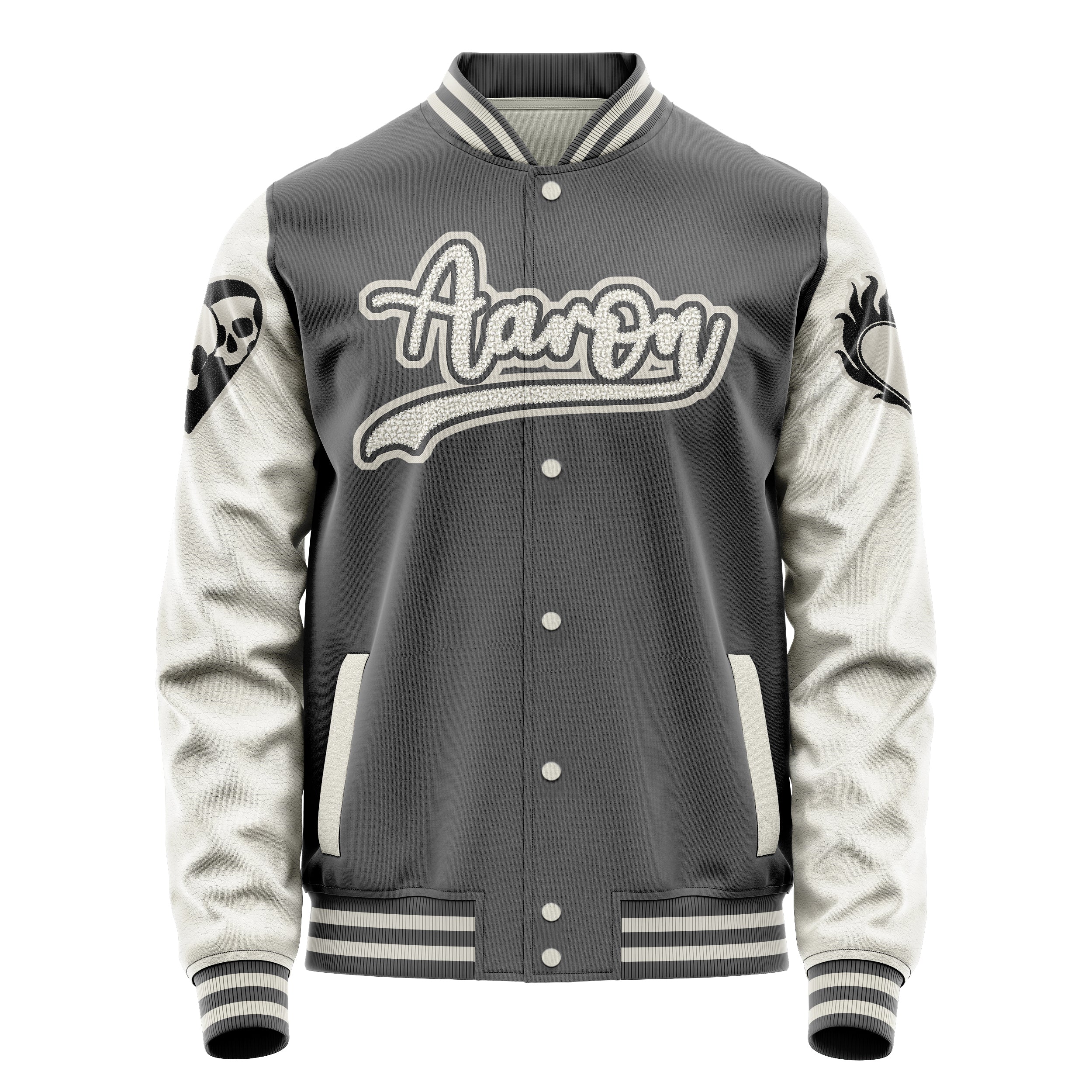 Custom Gray Varsity Jacket Patches Beige Leather Sleeves - Heart Fire