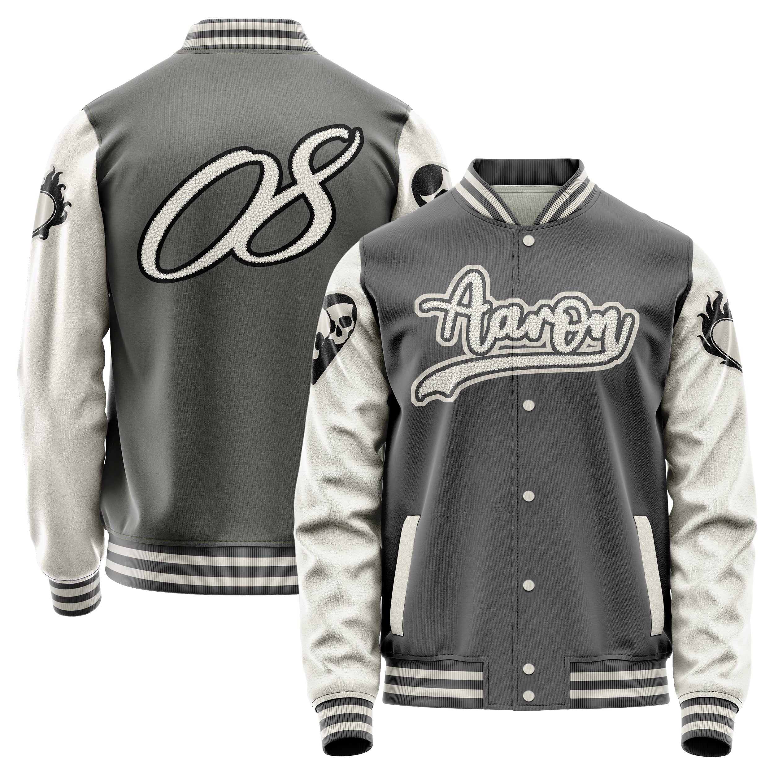 Custom Gray Varsity Jacket Patches Beige Leather Sleeves - Heart Fire