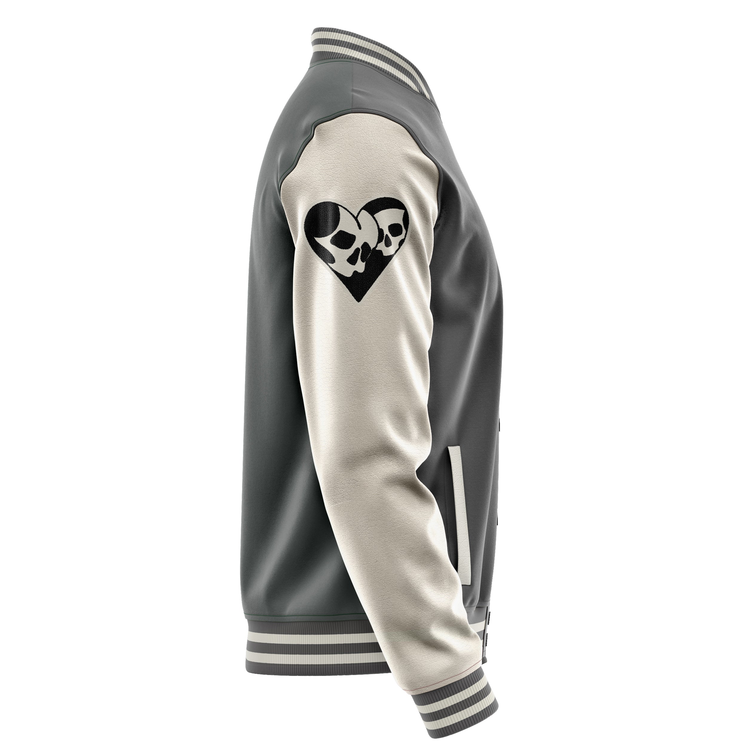 Custom Gray Varsity Jacket Patches Beige Leather Sleeves - Heart Fire