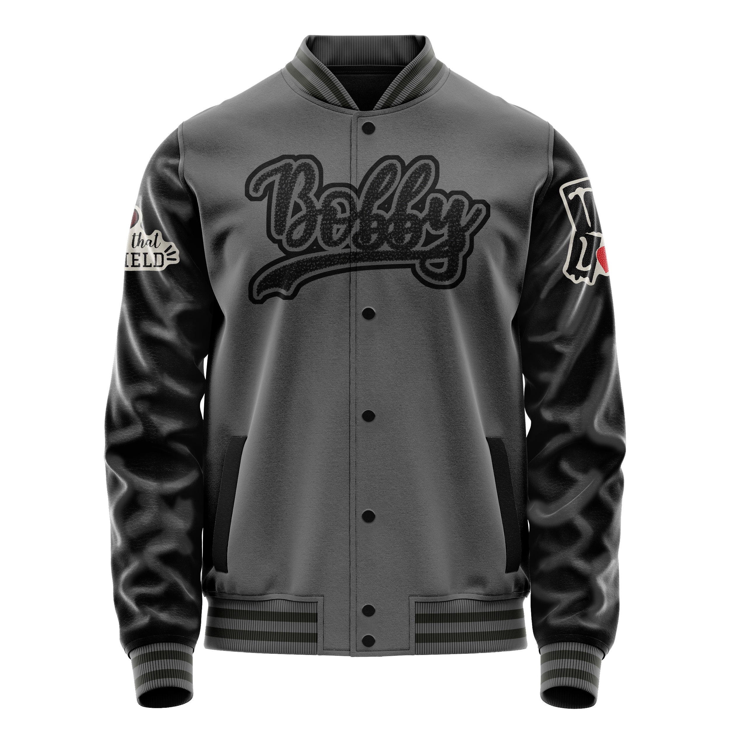 Custom Gray Varsity Jacket Patches Black Leather Sleeves - Trve Love