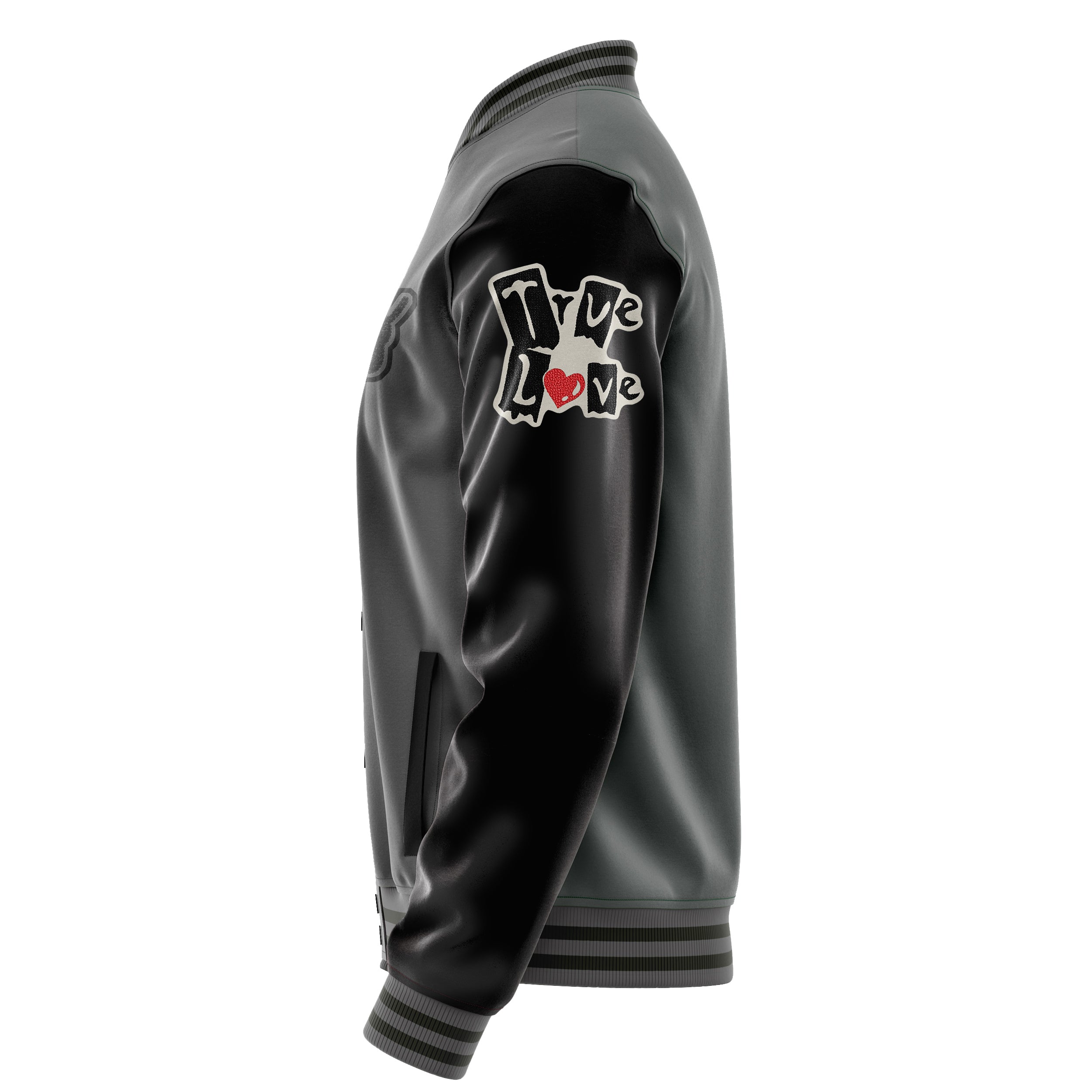 Custom Gray Varsity Jacket Patches Black Leather Sleeves - Trve Love