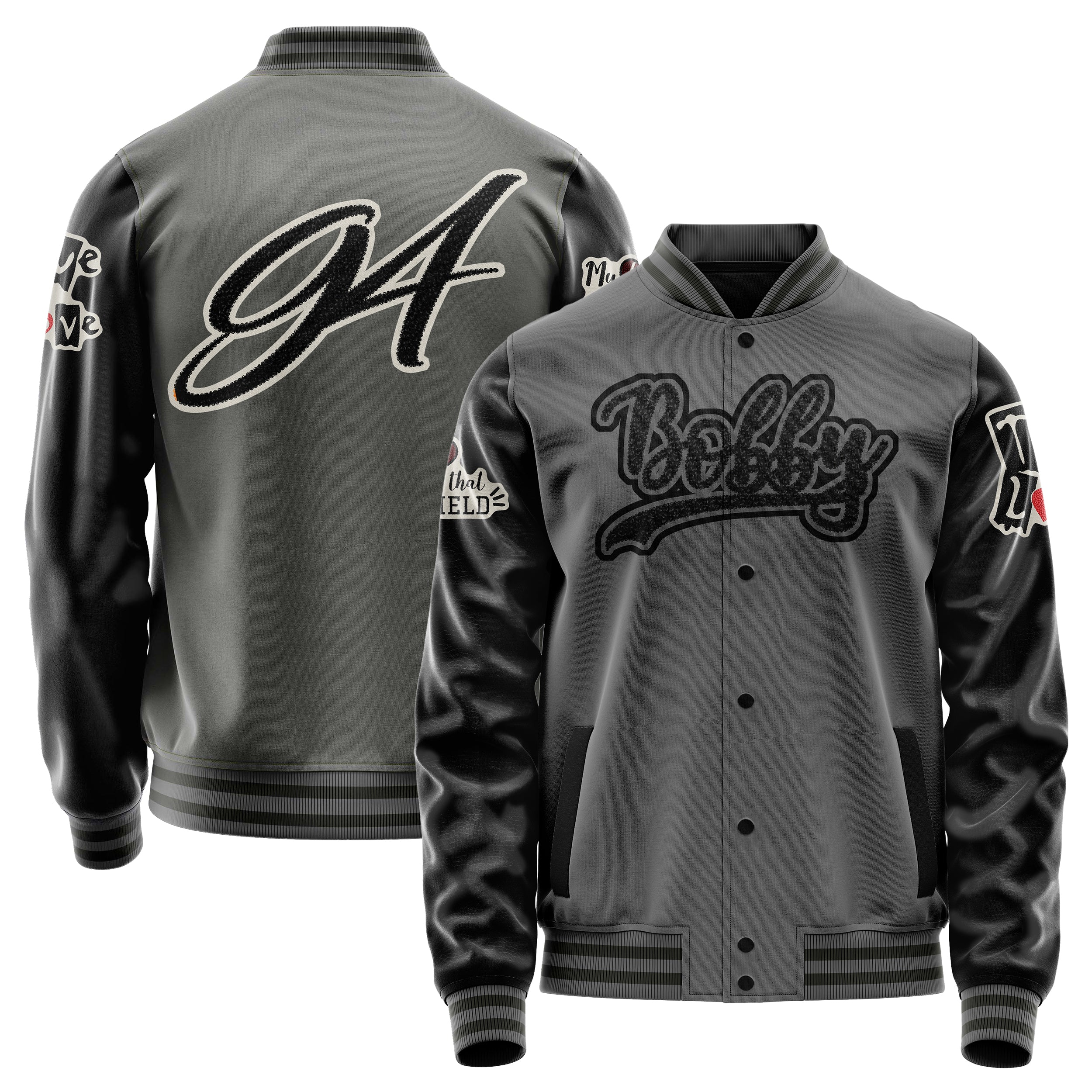 Custom Gray Varsity Jacket Patches Black Leather Sleeves - Trve Love