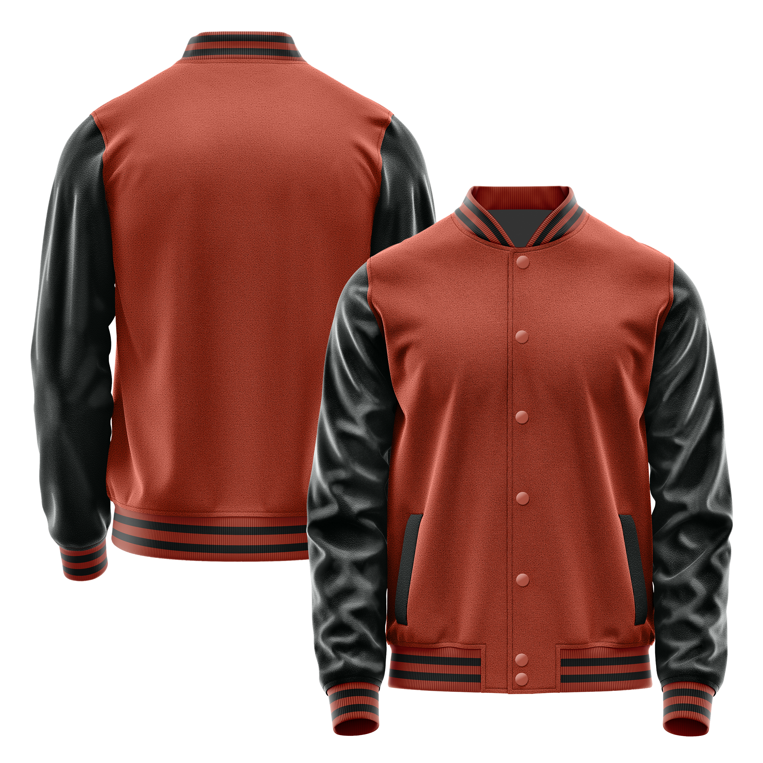 Custom Coral Red Varsity Jacket Black Leather Sleeves JG16171617