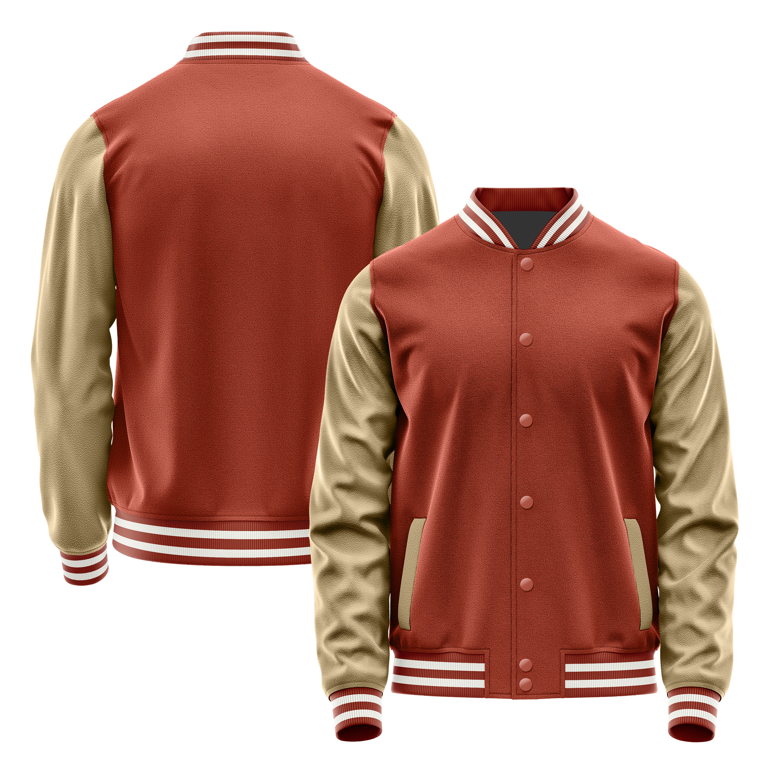 Custom Coral Red Varsity Jacket Light Khaki Leather Sleeves JG16251618