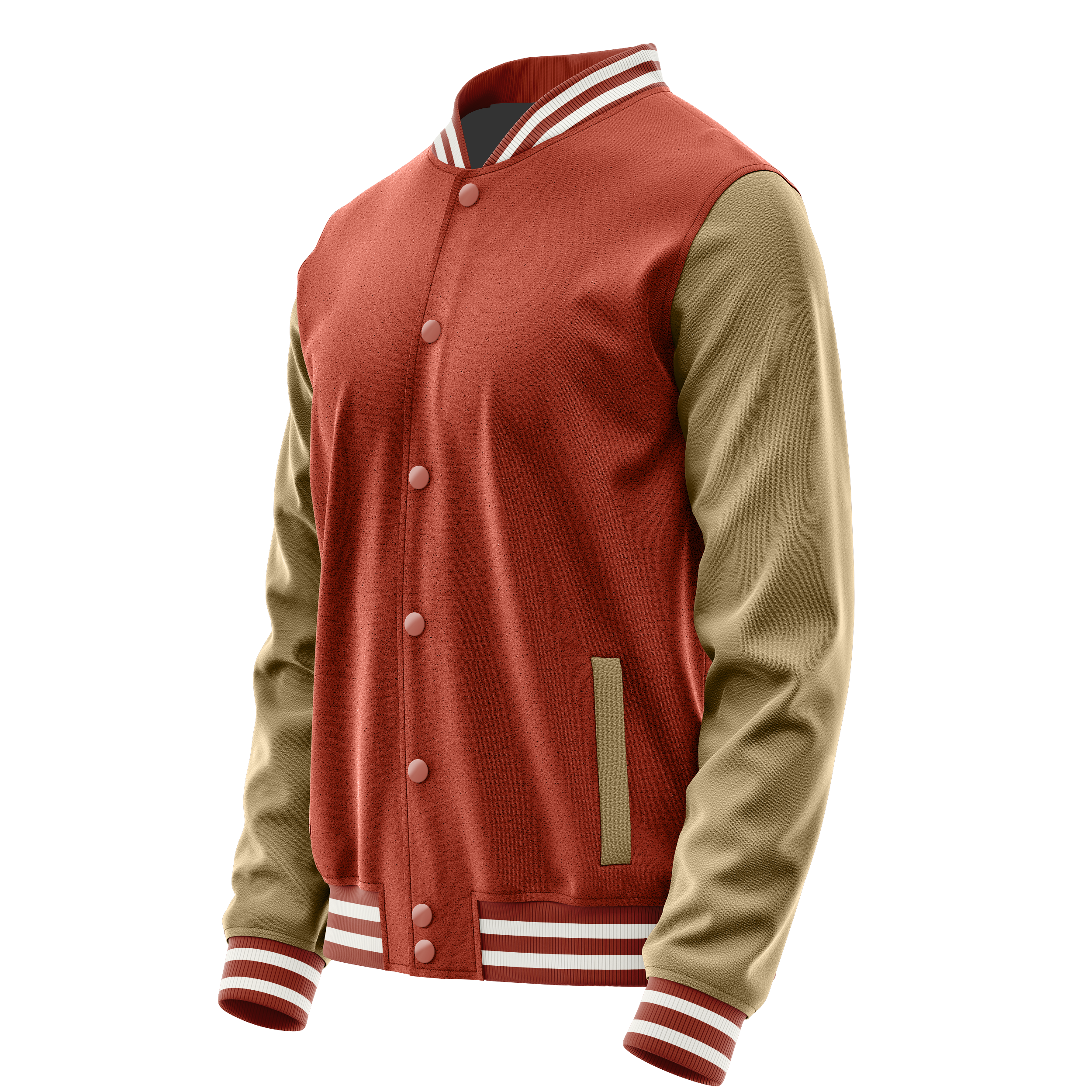 Custom Coral Red Varsity Jacket Light Khaki Leather Sleeves JG16251618