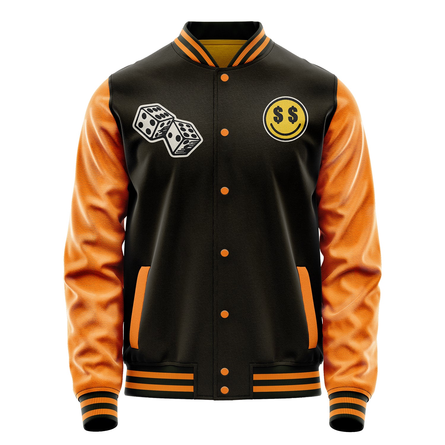 Custom Brown Varsity Jacket Patches Orange Leather Sleeves - Dice