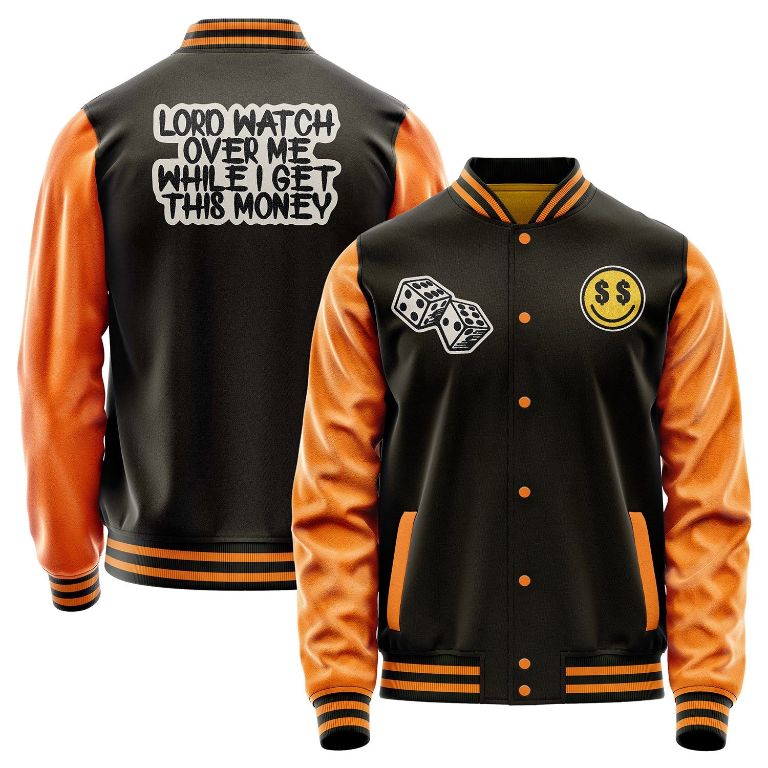 Custom Brown Varsity Jacket Patches Orange Leather Sleeves - Dice