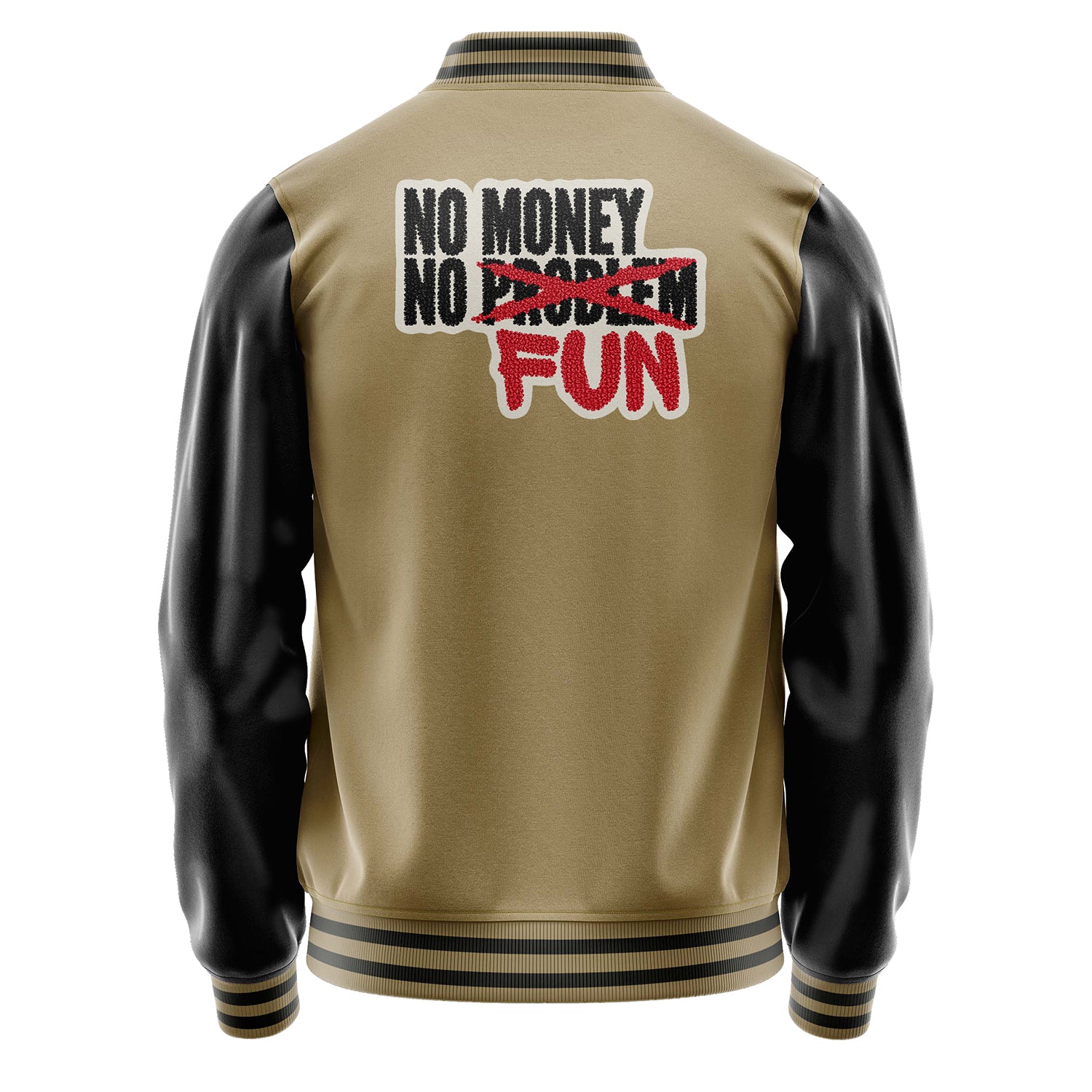 Custom Camel Varsity Jacket Patches Black Leather Sleeves - Money