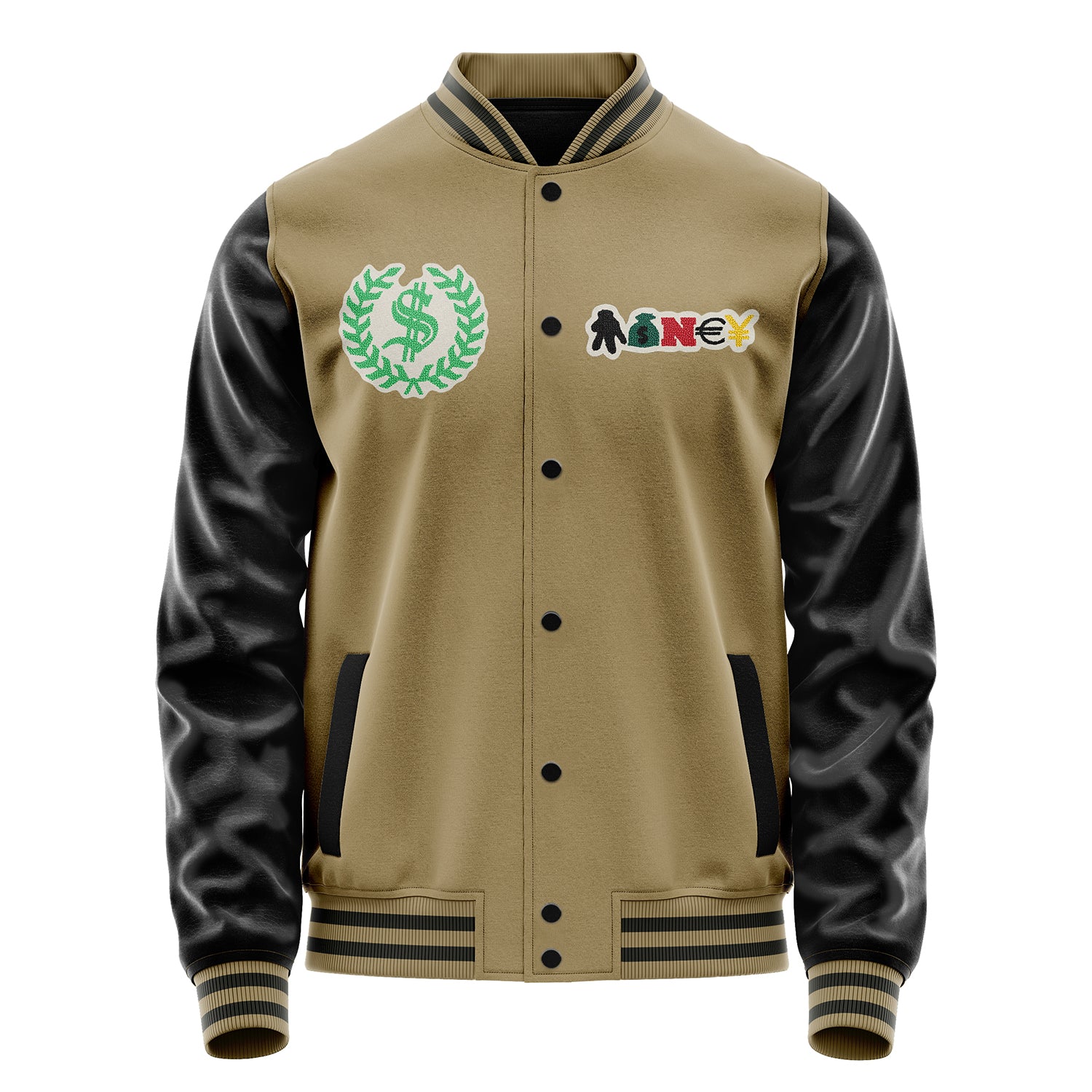 Custom Camel Varsity Jacket Patches Black Leather Sleeves - Money