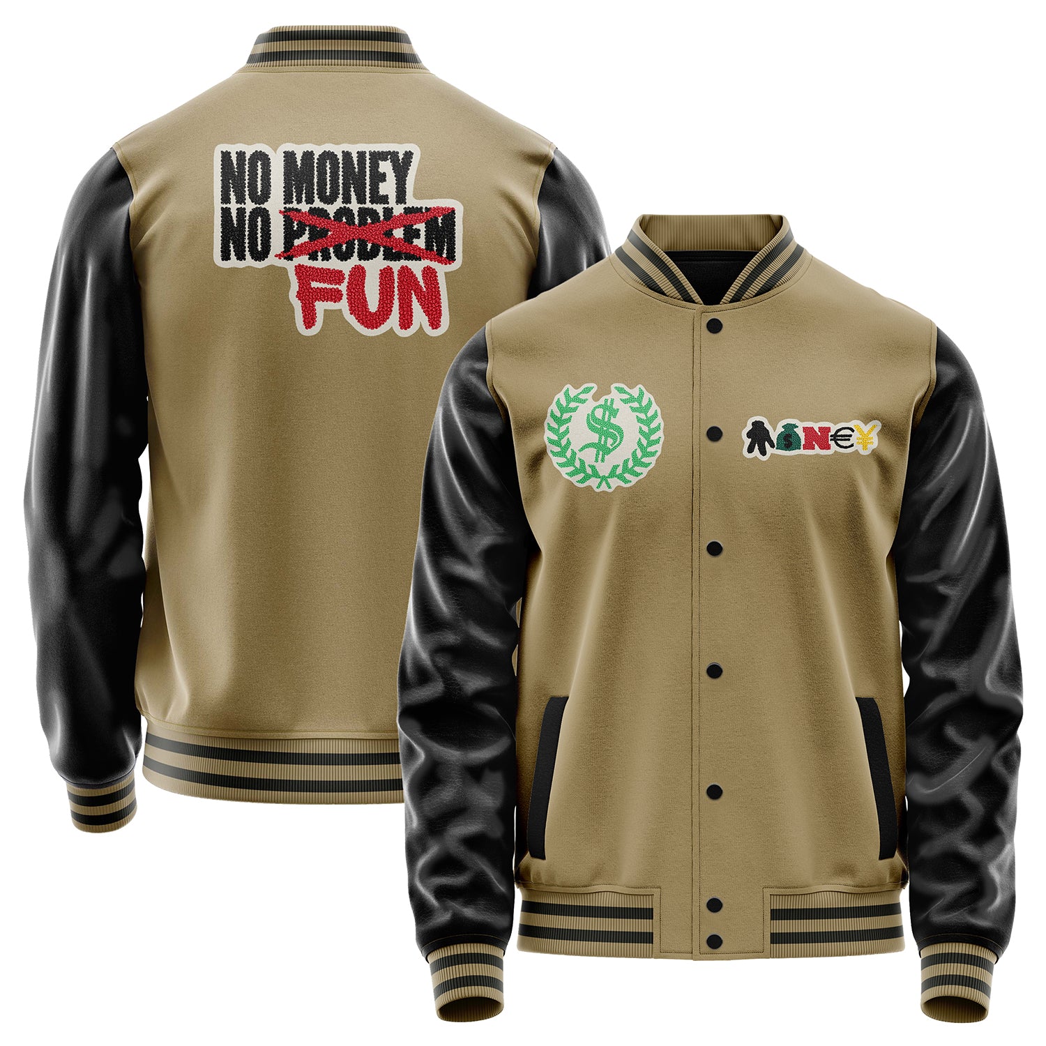 Custom Camel Varsity Jacket Patches Black Leather Sleeves - Money