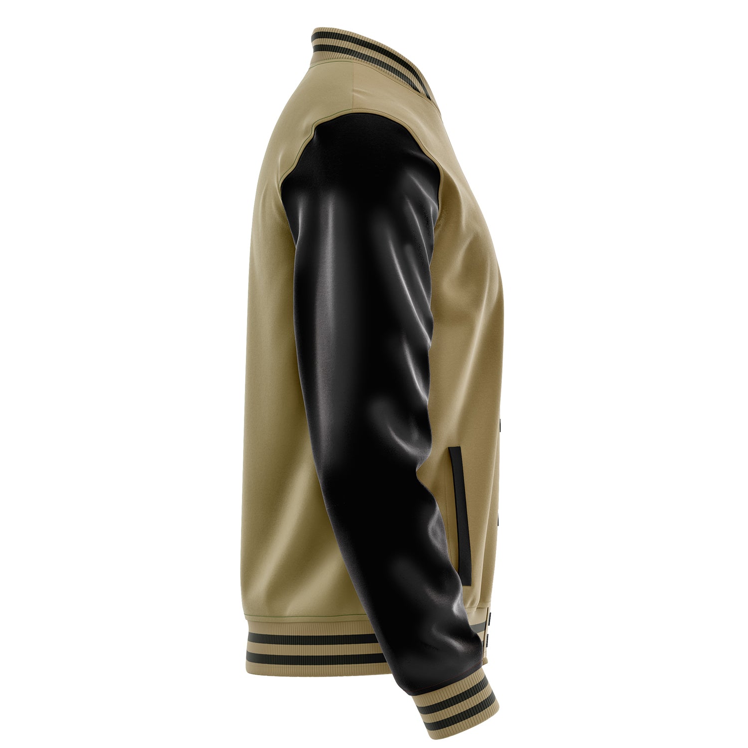 Custom Camel Varsity Jacket Patches Black Leather Sleeves - Money