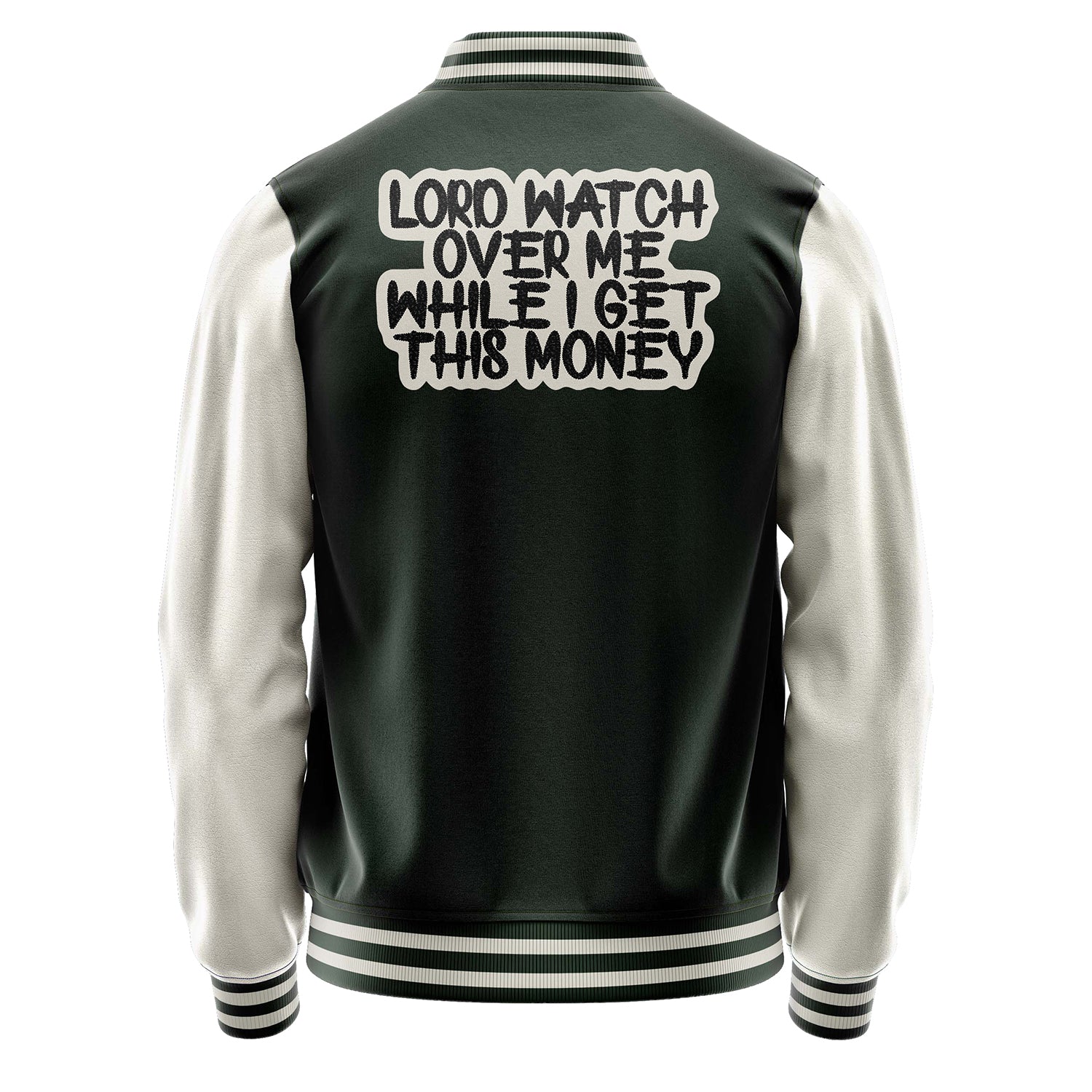 Custom Dark Green Varsity Jacket Patches Beige Leather Sleeves - Dice