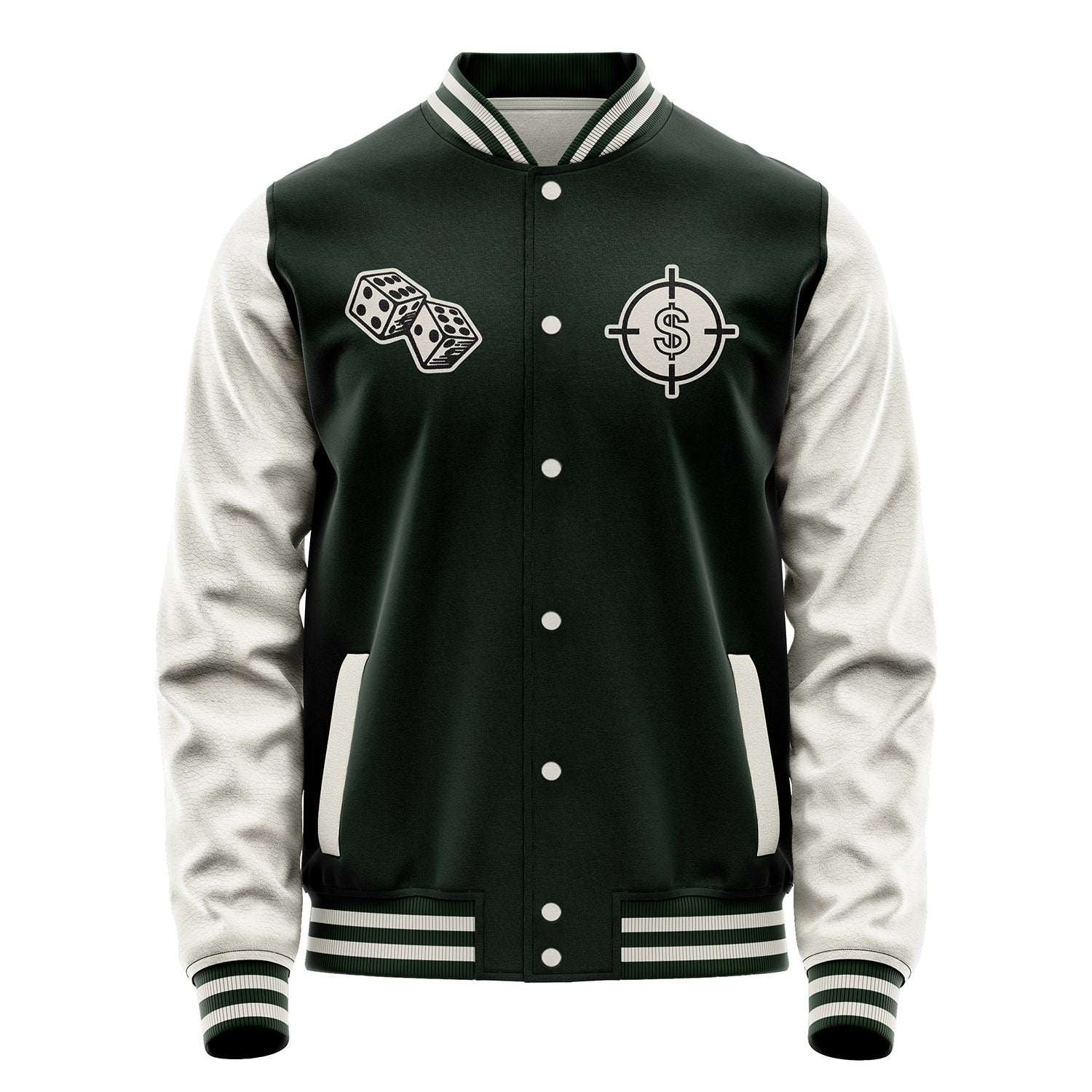 Custom Dark Green Varsity Jacket Patches Beige Leather Sleeves - Dice