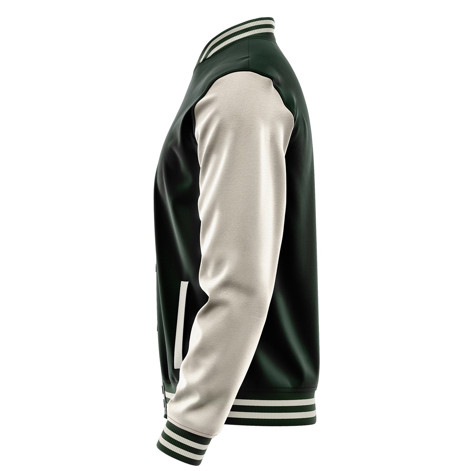 Custom Dark Green Varsity Jacket Patches Beige Leather Sleeves - Dice