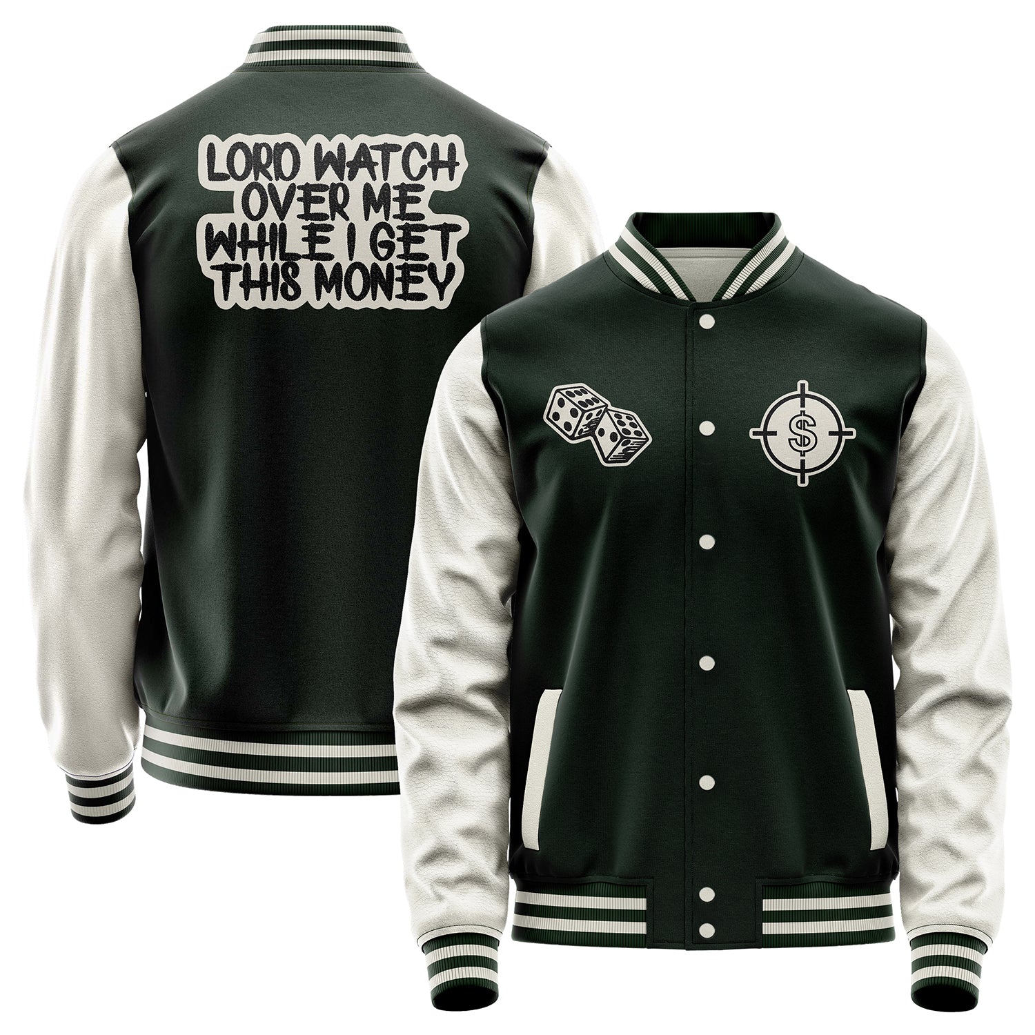 Custom Dark Green Varsity Jacket Patches Beige Leather Sleeves - Dice
