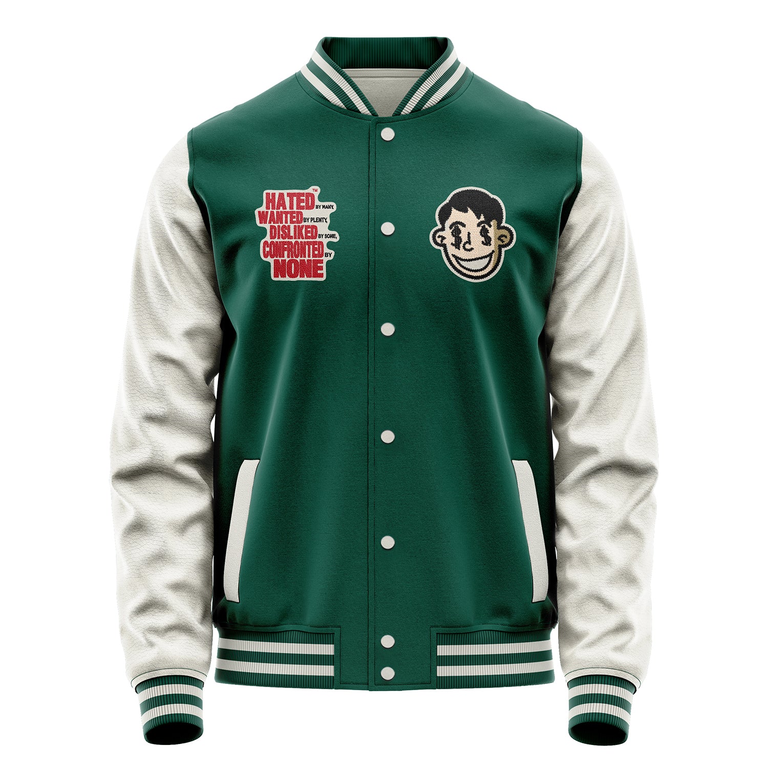 Custom Green Varsity Jacket Patches Beige Leather Sleeves - Hated Wanted Dosliked Confornted NONE