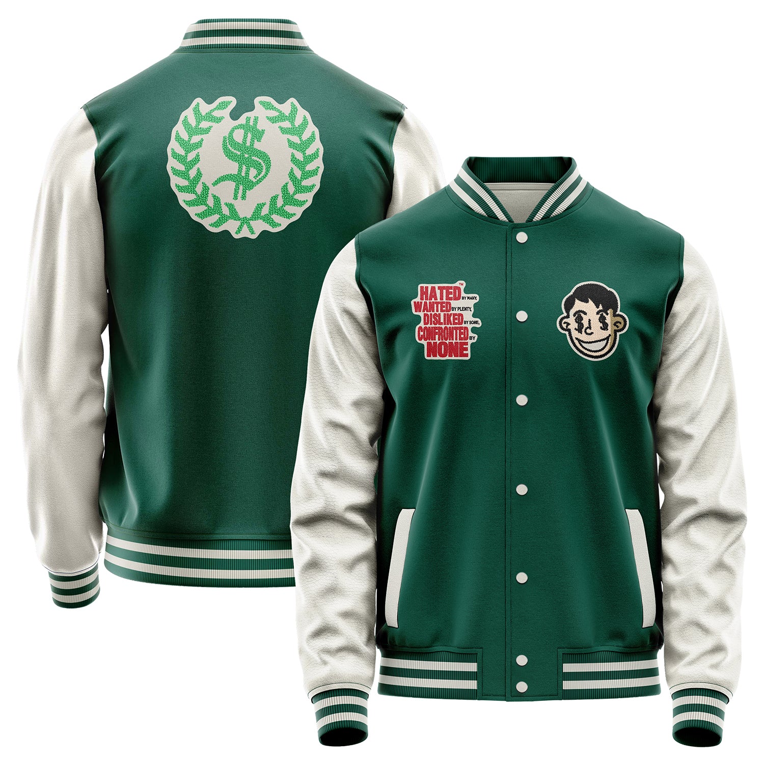 Custom Green Varsity Jacket Patches Beige Leather Sleeves - Hated Wanted Dosliked Confornted NONE