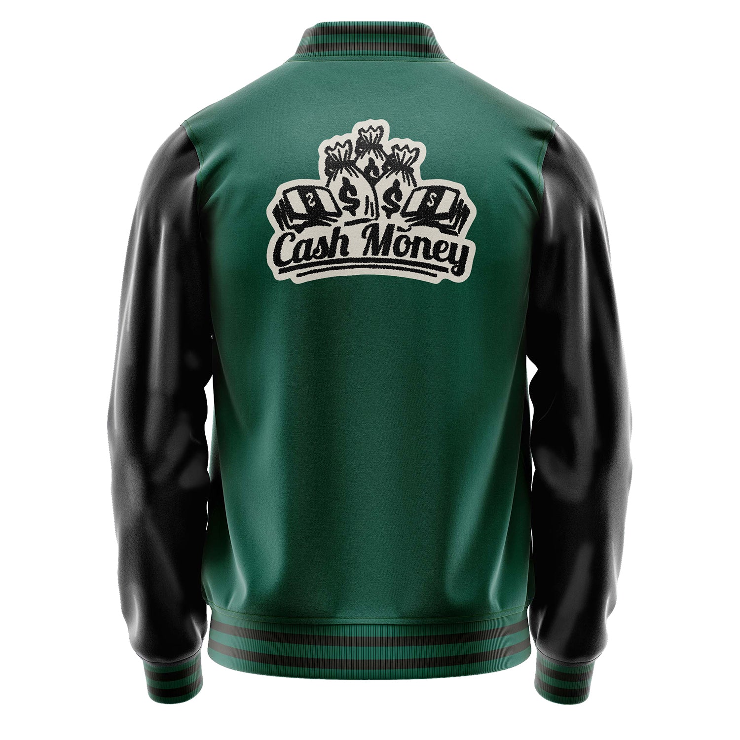 Custom Green Varsity Jacket Patches Black Leather Sleeves - No money no Fun