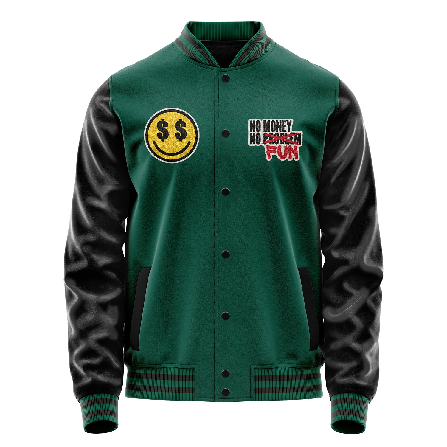 Custom Green Varsity Jacket Patches Black Leather Sleeves - No money no Fun