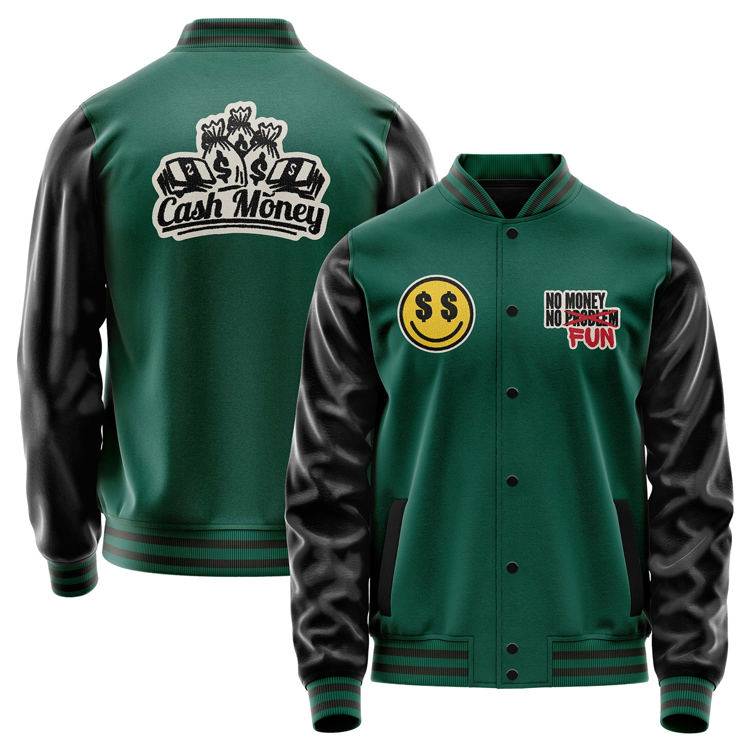 Custom Green Varsity Jacket Patches Black Leather Sleeves - No money no Fun