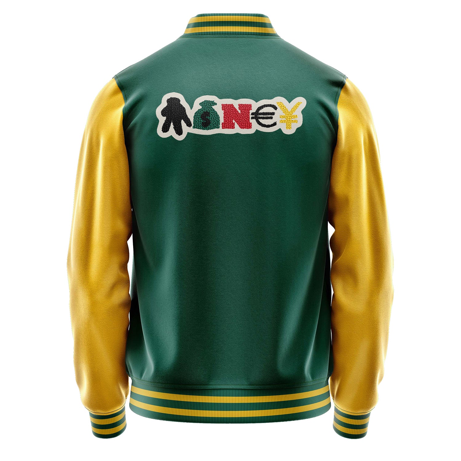 Custom Green Varsity Jacket Patches Egg Yellow Leather Sleeves - Money