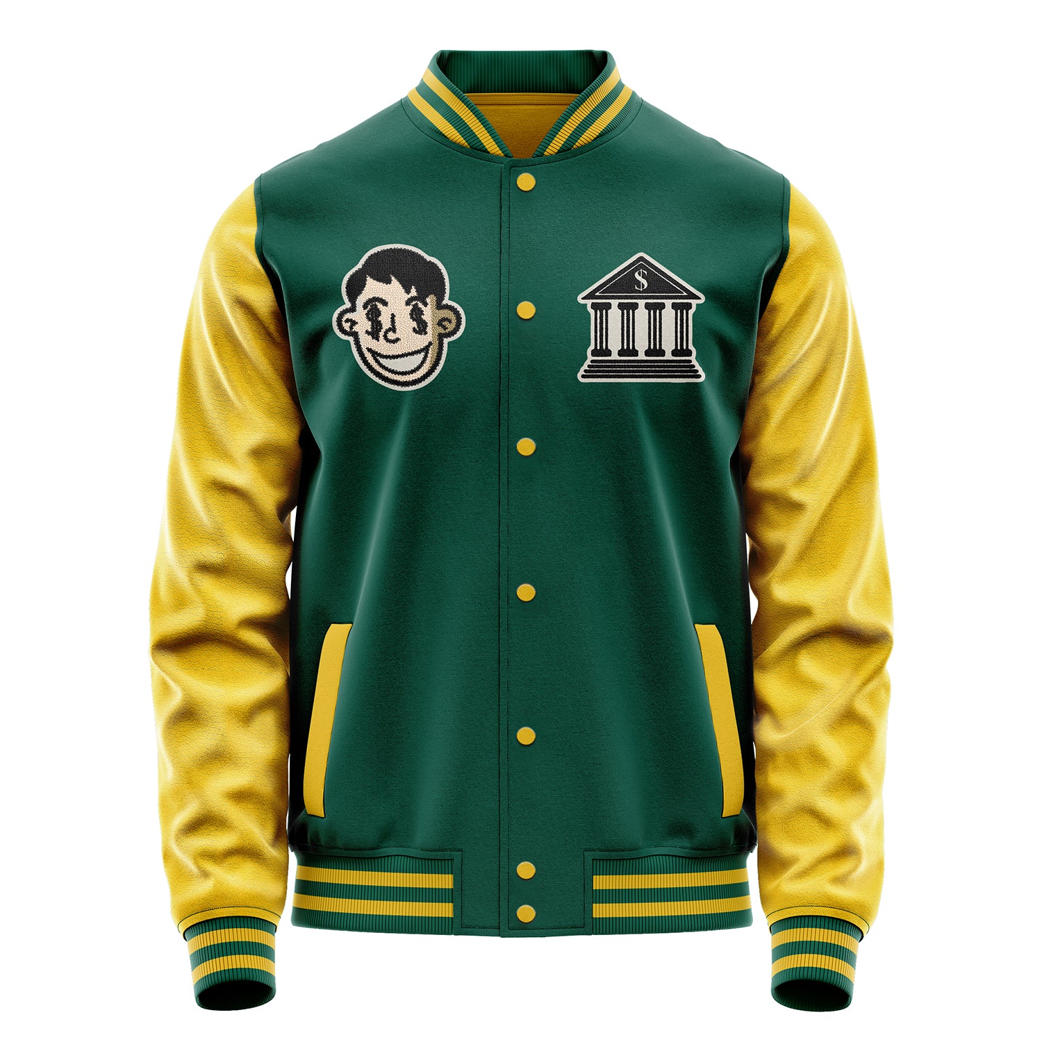 Custom Green Varsity Jacket Patches Egg Yellow Leather Sleeves - Money