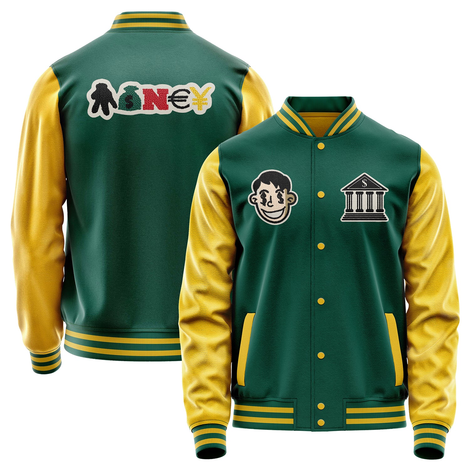 Custom Green Varsity Jacket Patches Egg Yellow Leather Sleeves - Money