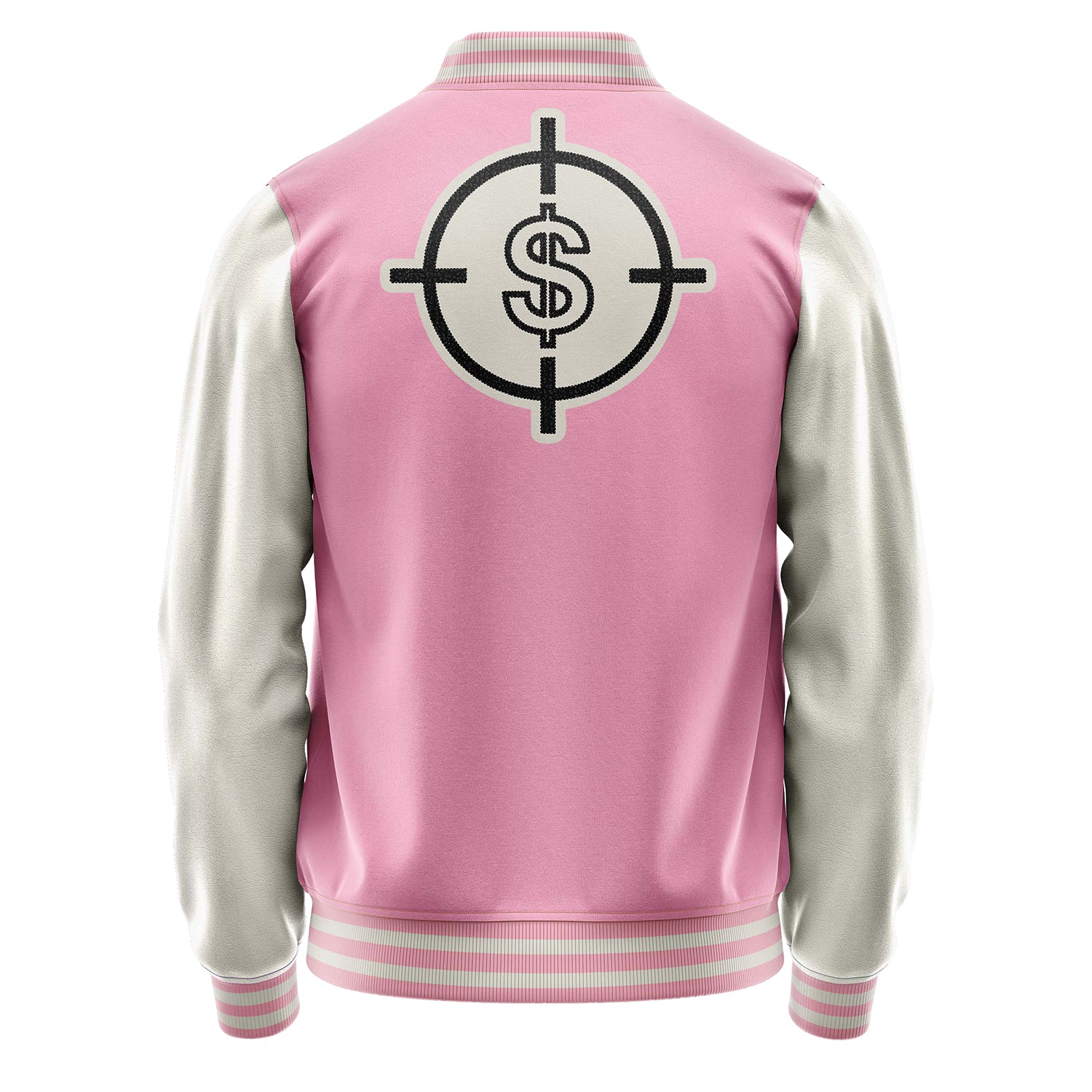 Custom Pink Varsity Jacket Patches Beige Leather Sleeves - Dollar Badge