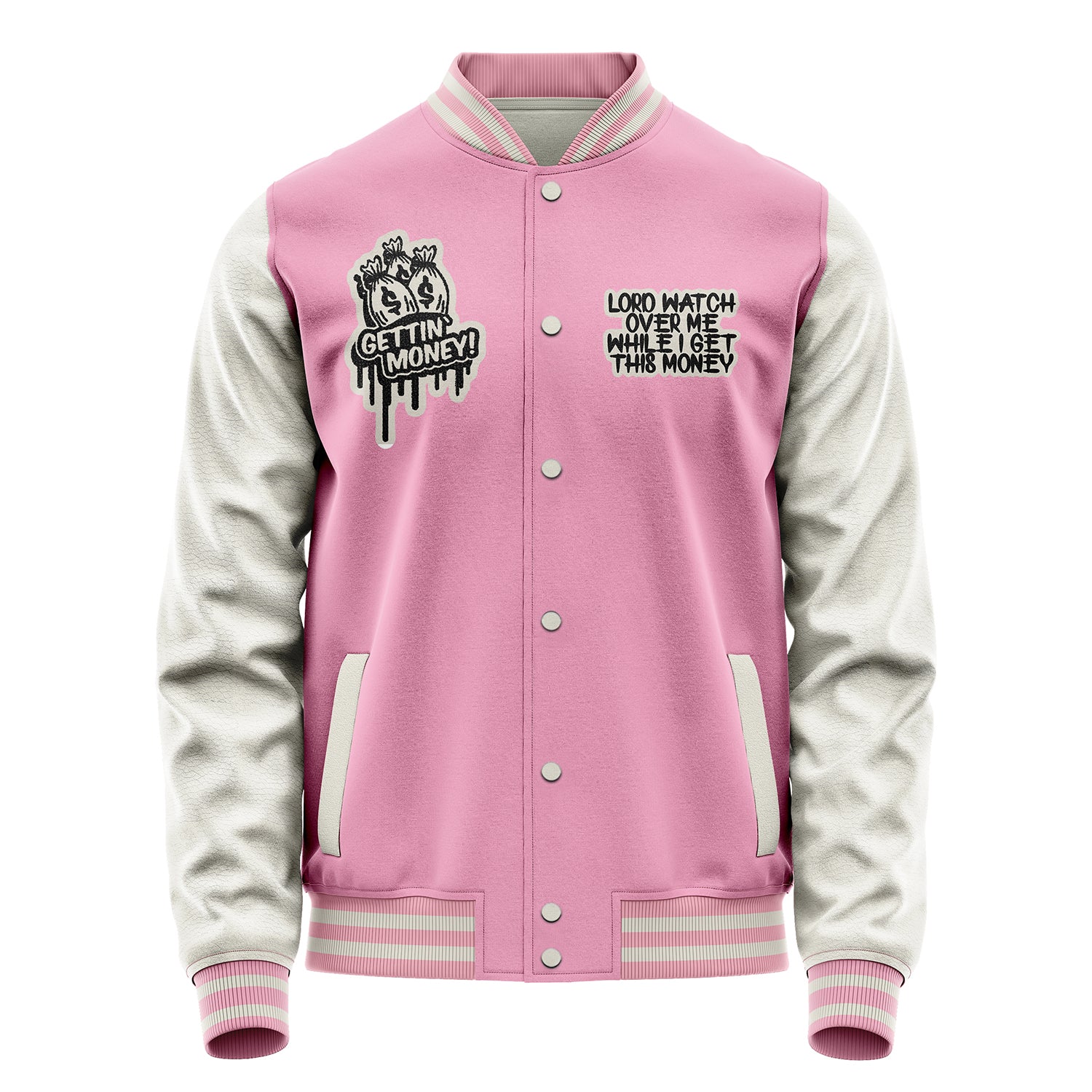 Custom Pink Varsity Jacket Patches Beige Leather Sleeves - Dollar Badge