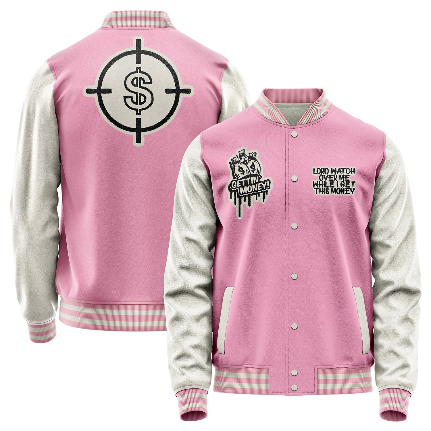 Custom Pink Varsity Jacket Patches Beige Leather Sleeves - Dollar Badge