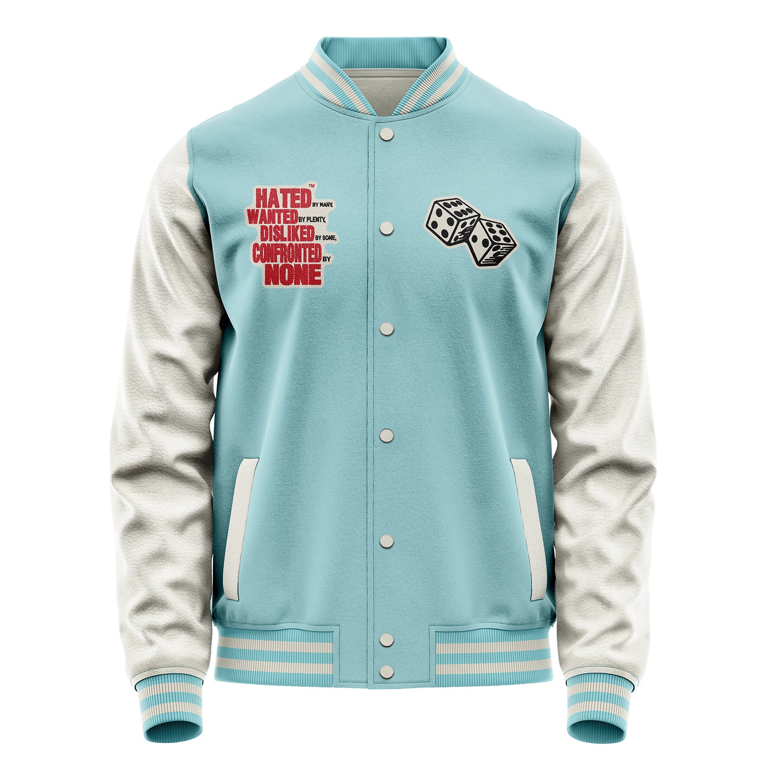 Custom Light Blue Varsity Jacket Patches Beige Leather Sleeves - Dice