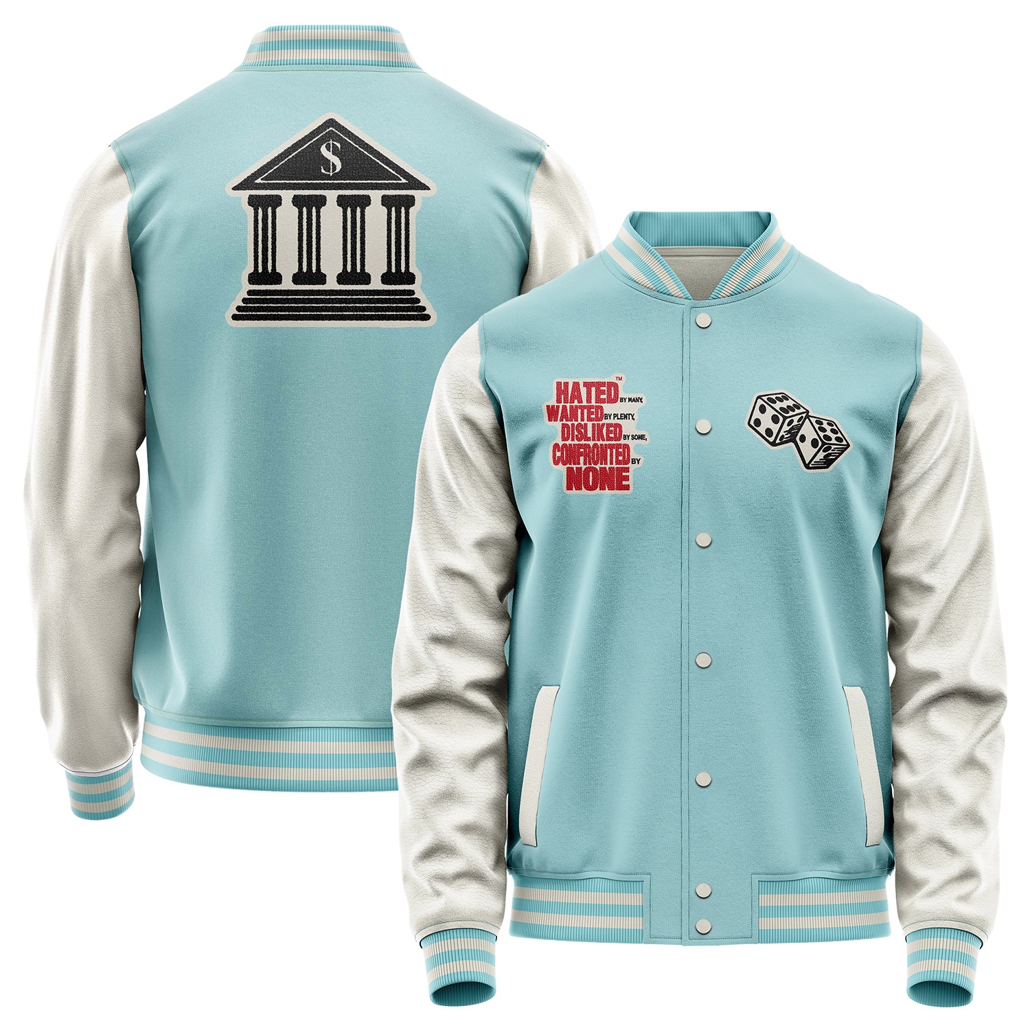 Custom Light Blue Varsity Jacket Patches Beige Leather Sleeves - Dice