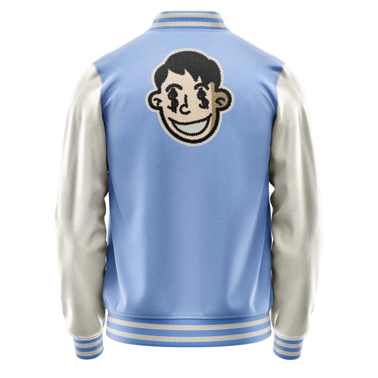 Custom Sky Blue Varsity Jacket Patches Beige Leather Sleeves - Boy emoji