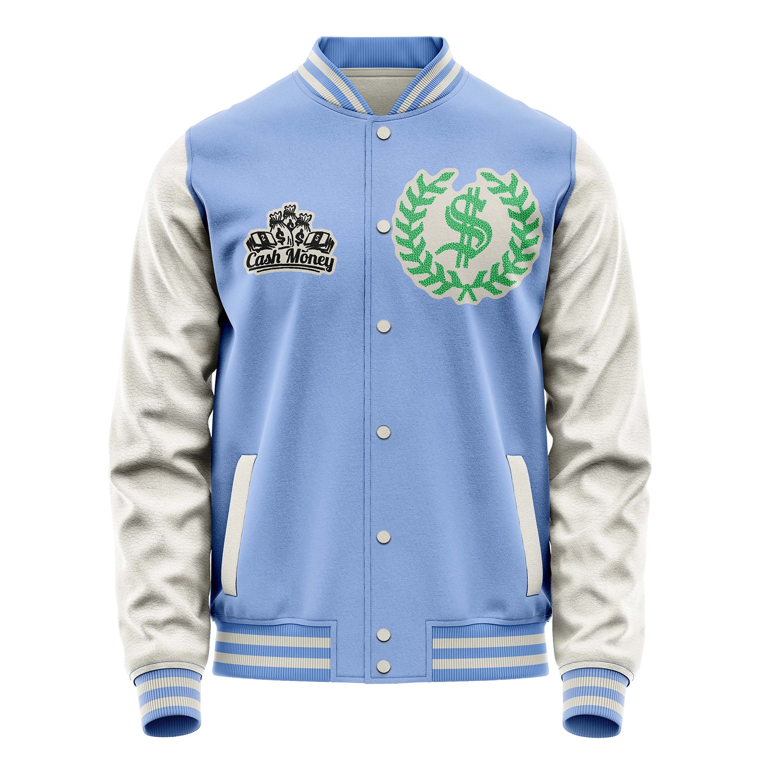 Custom Sky Blue Varsity Jacket Patches Beige Leather Sleeves - Boy emoji