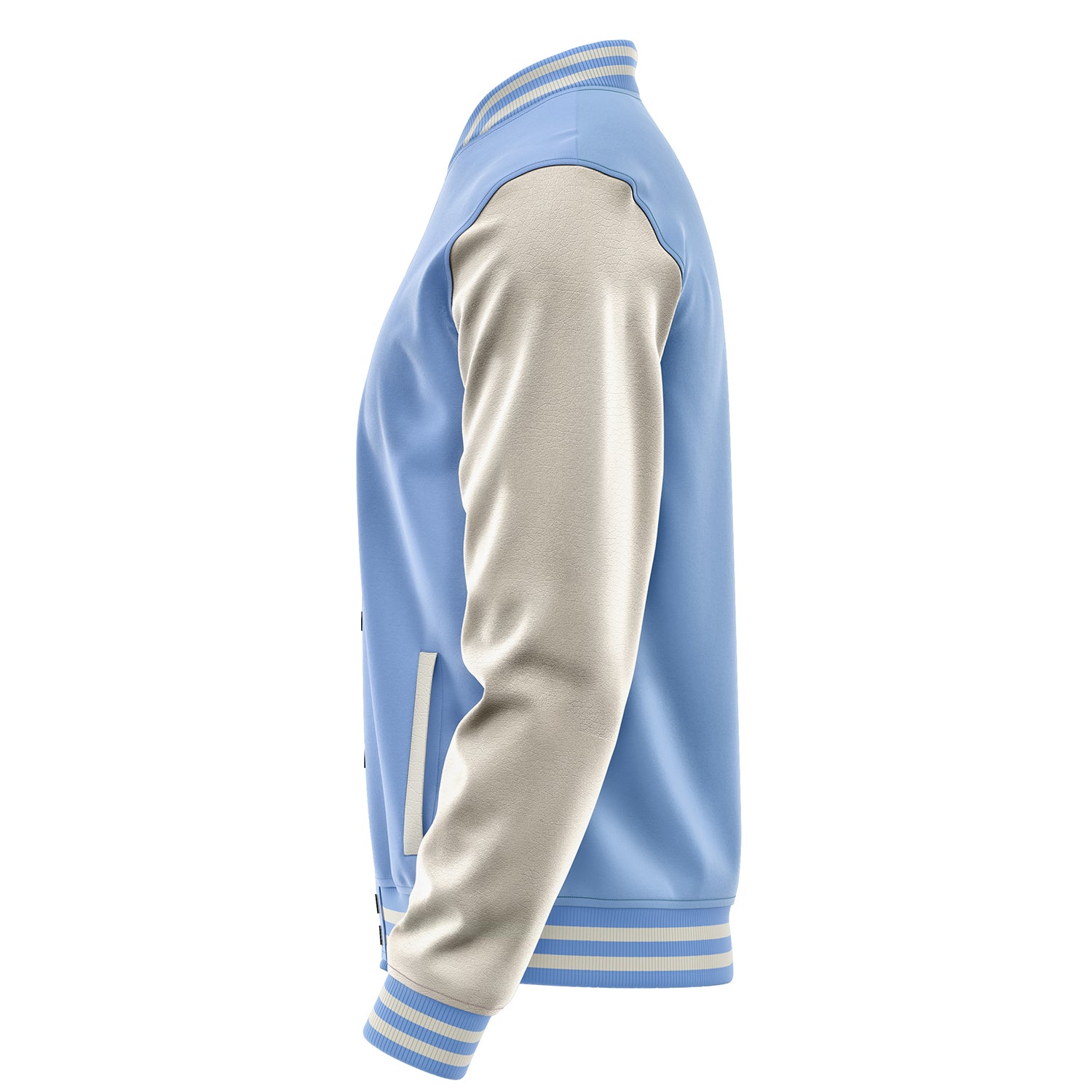 Custom Sky Blue Varsity Jacket Patches Beige Leather Sleeves - Boy emoji
