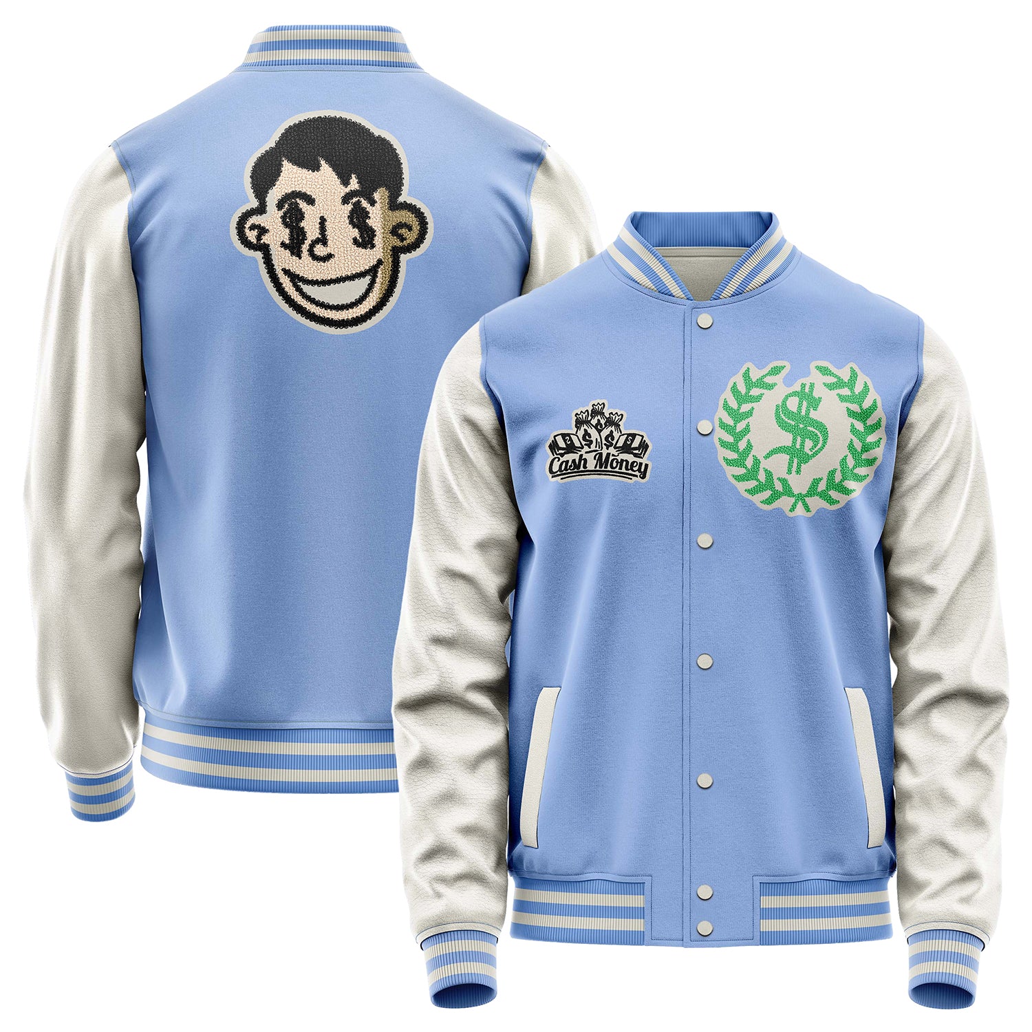 Custom Sky Blue Varsity Jacket Patches Beige Leather Sleeves - Boy emoji