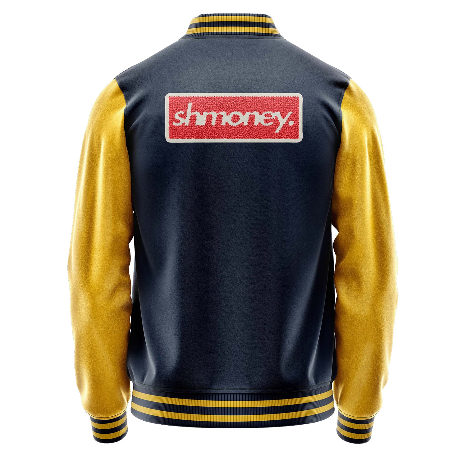Custom Navy Blue Varsity Jacket Patches Egg Yellow Leather Sleeves - Money