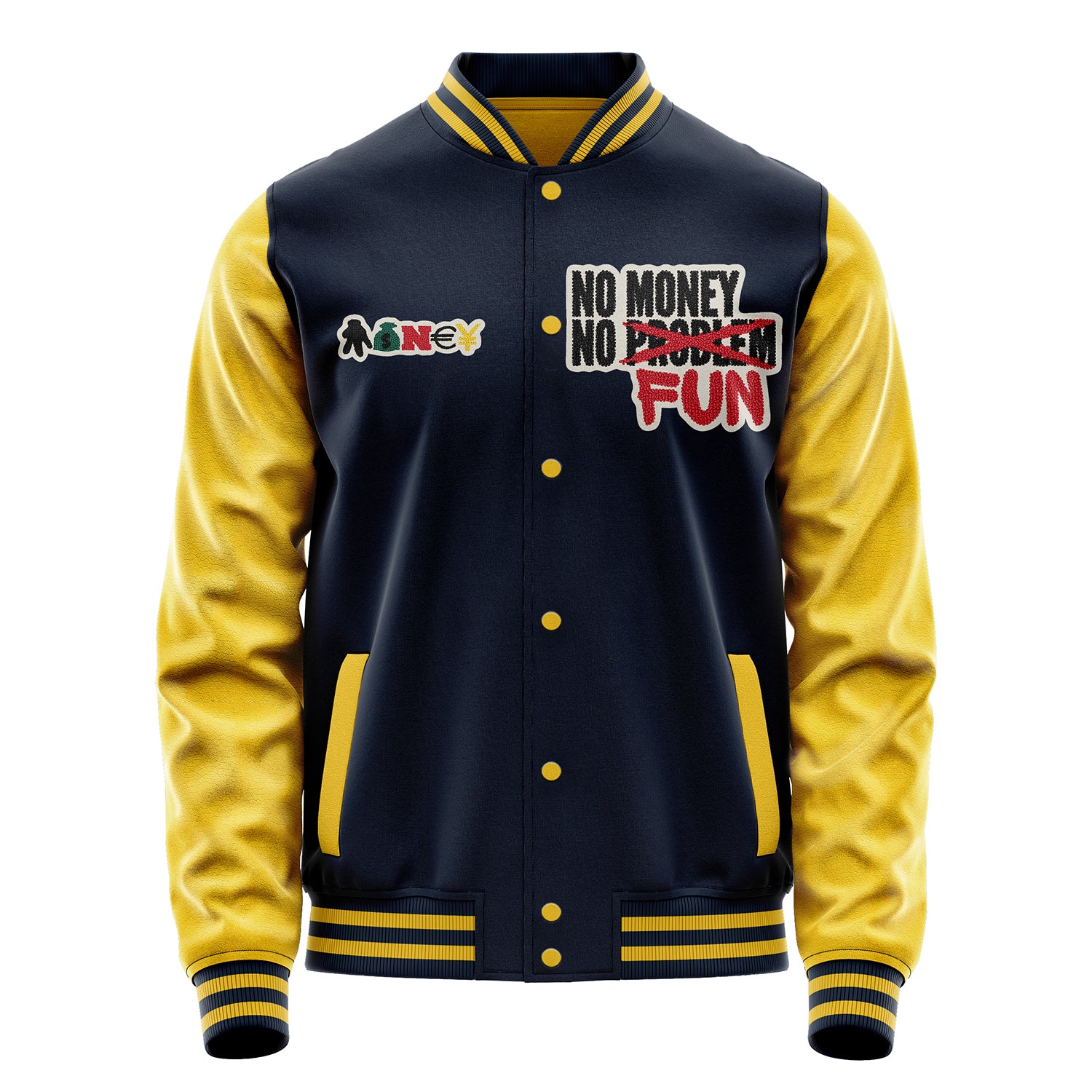 Custom Navy Blue Varsity Jacket Patches Egg Yellow Leather Sleeves - Money