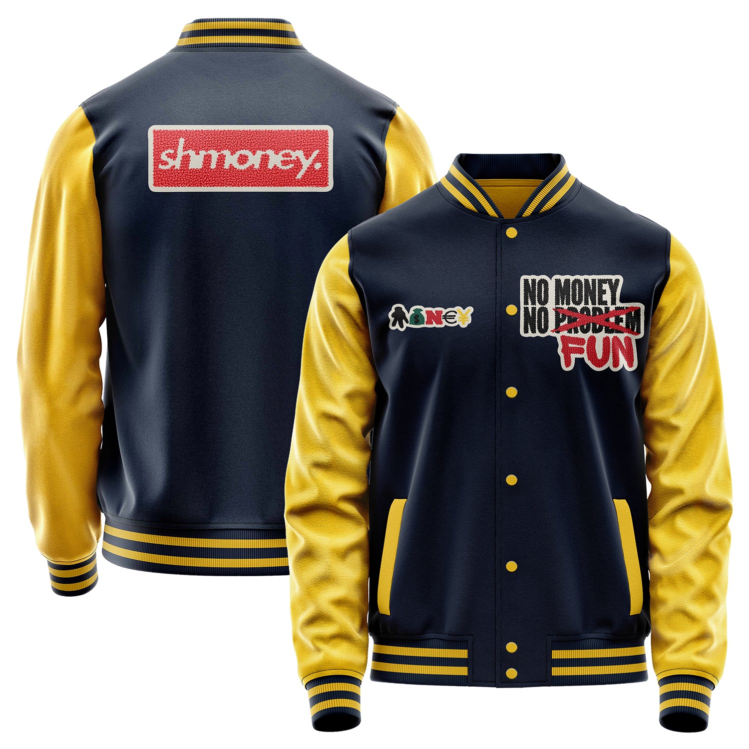 Custom Navy Blue Varsity Jacket Patches Egg Yellow Leather Sleeves - Money