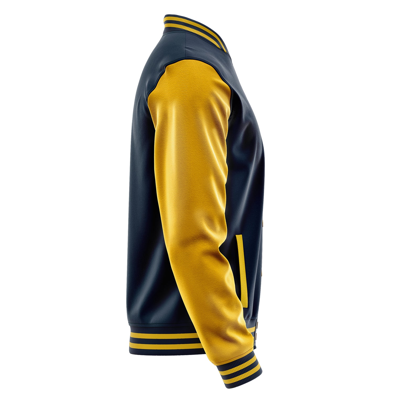 Custom Navy Blue Varsity Jacket Patches Egg Yellow Leather Sleeves - Money