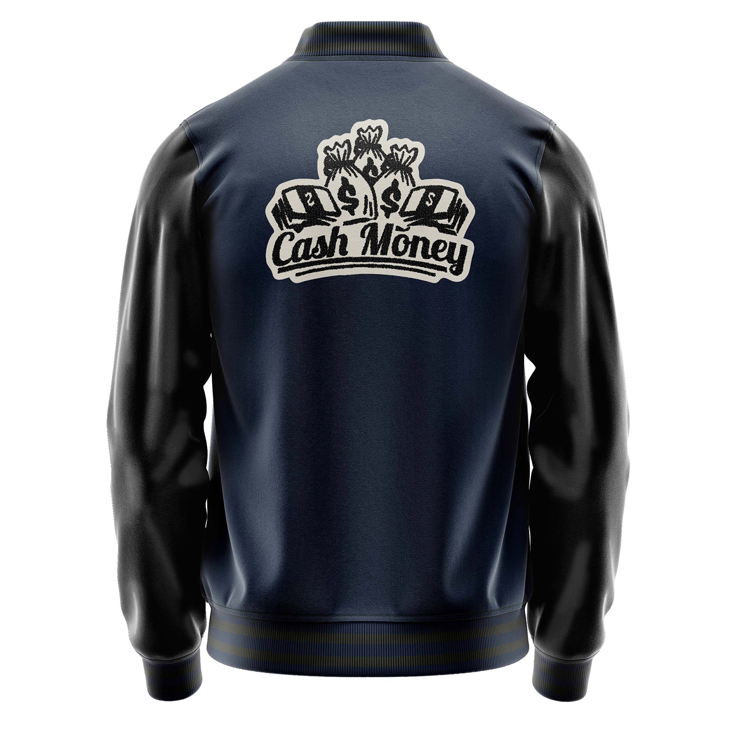 Custom Navy Blue Varsity Jacket Patches Black Leather Sleeves - Cash Money