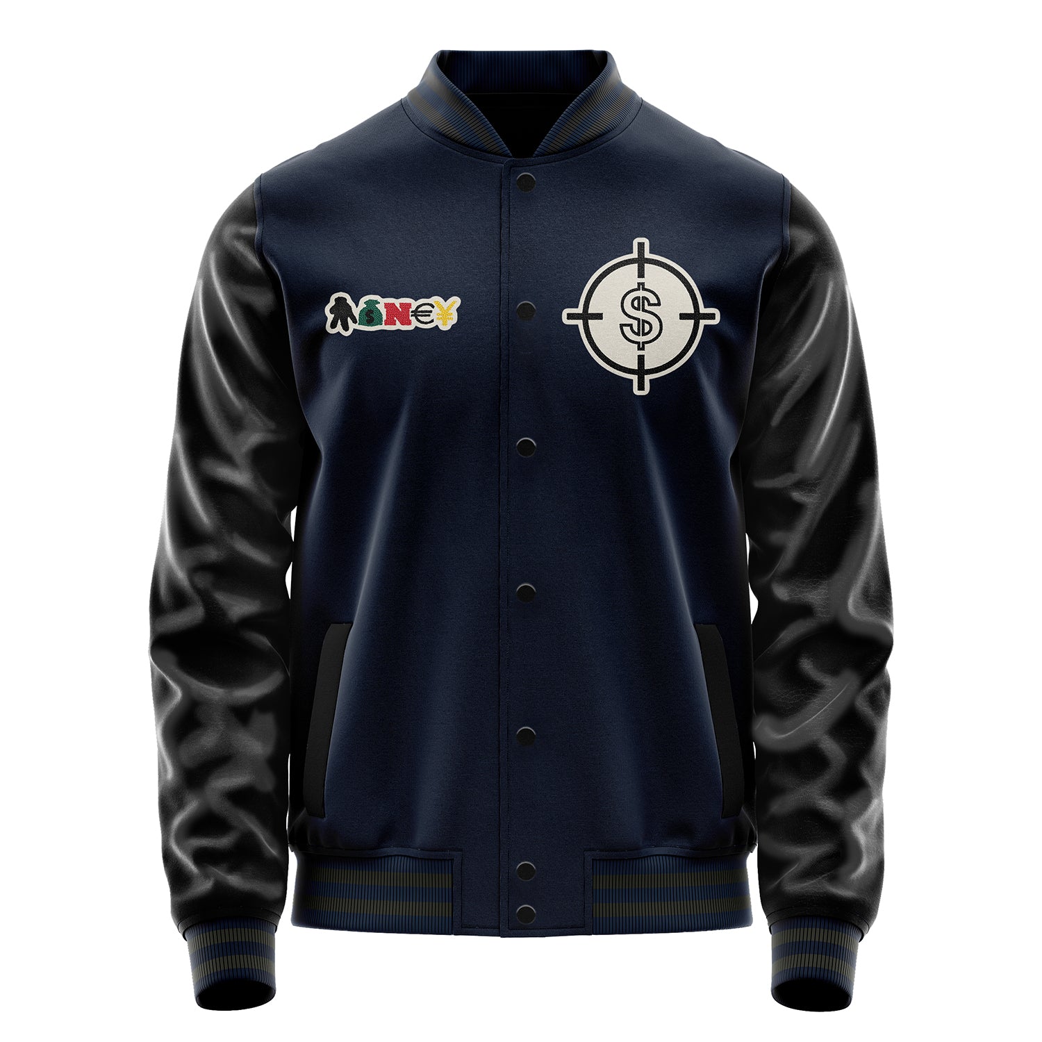 Custom Navy Blue Varsity Jacket Patches Black Leather Sleeves - Cash Money